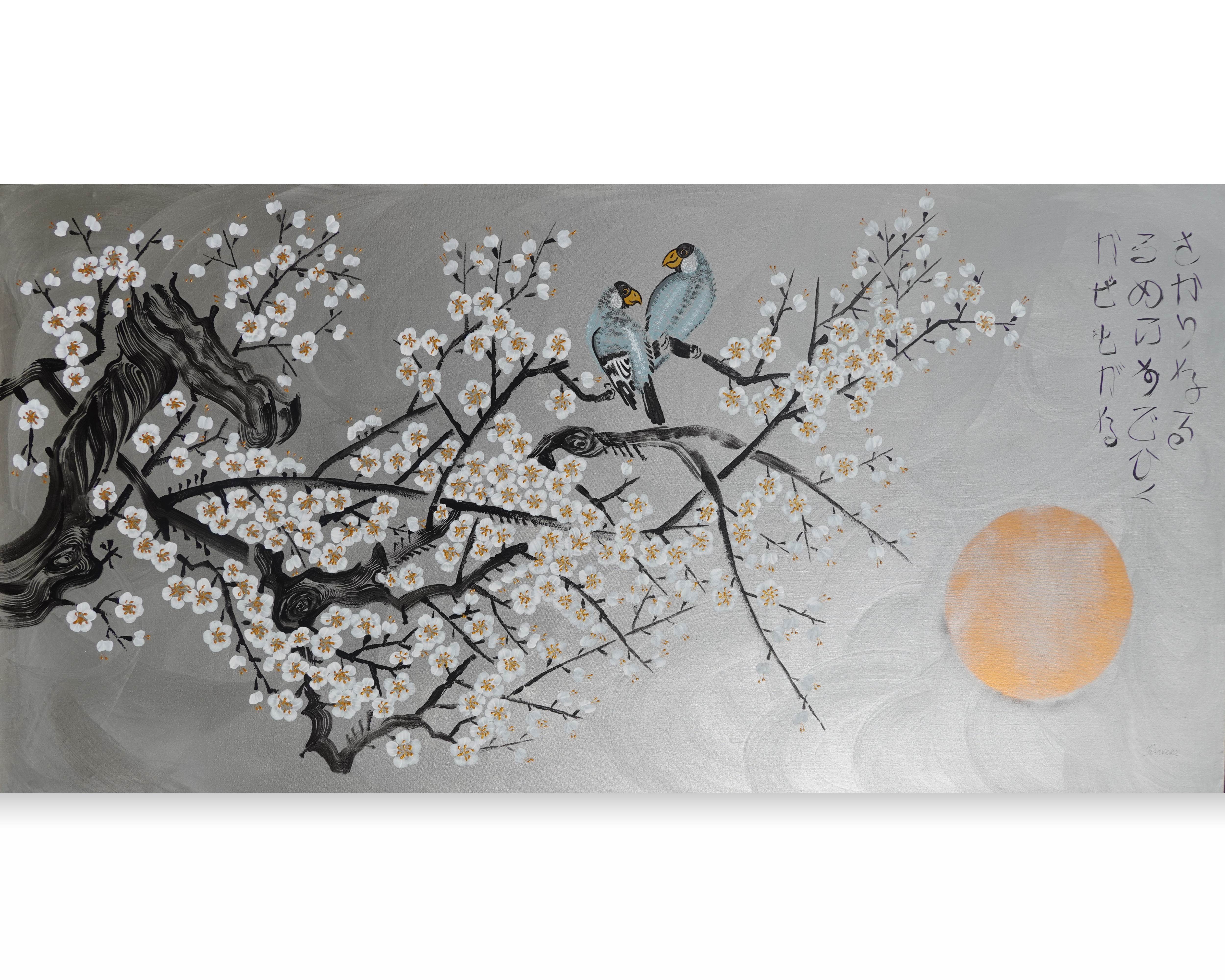 Love Birds and white Sakura J431 Japanese silver Painting by