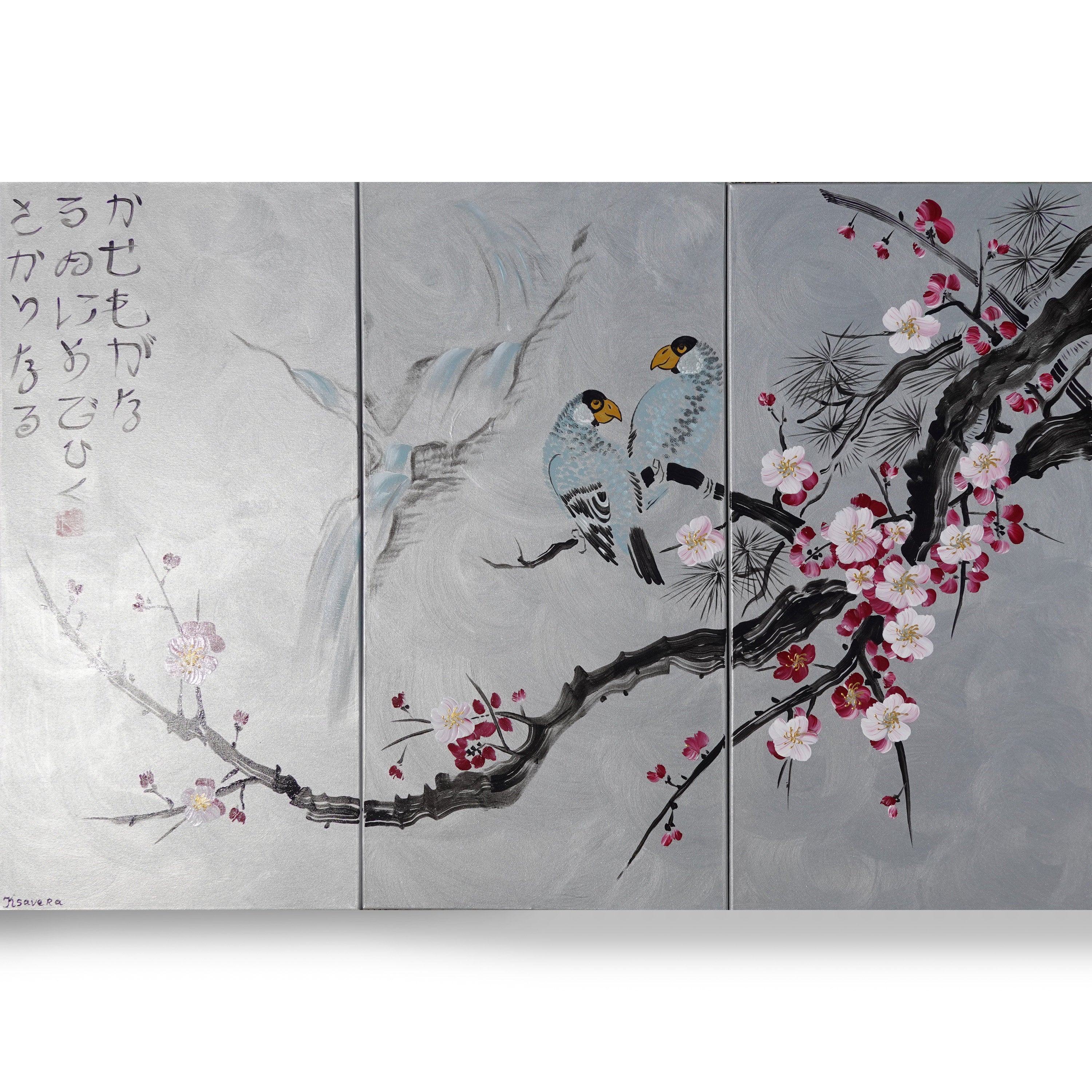 Sakura and Love Birds J186 large silver triptych Painting by
