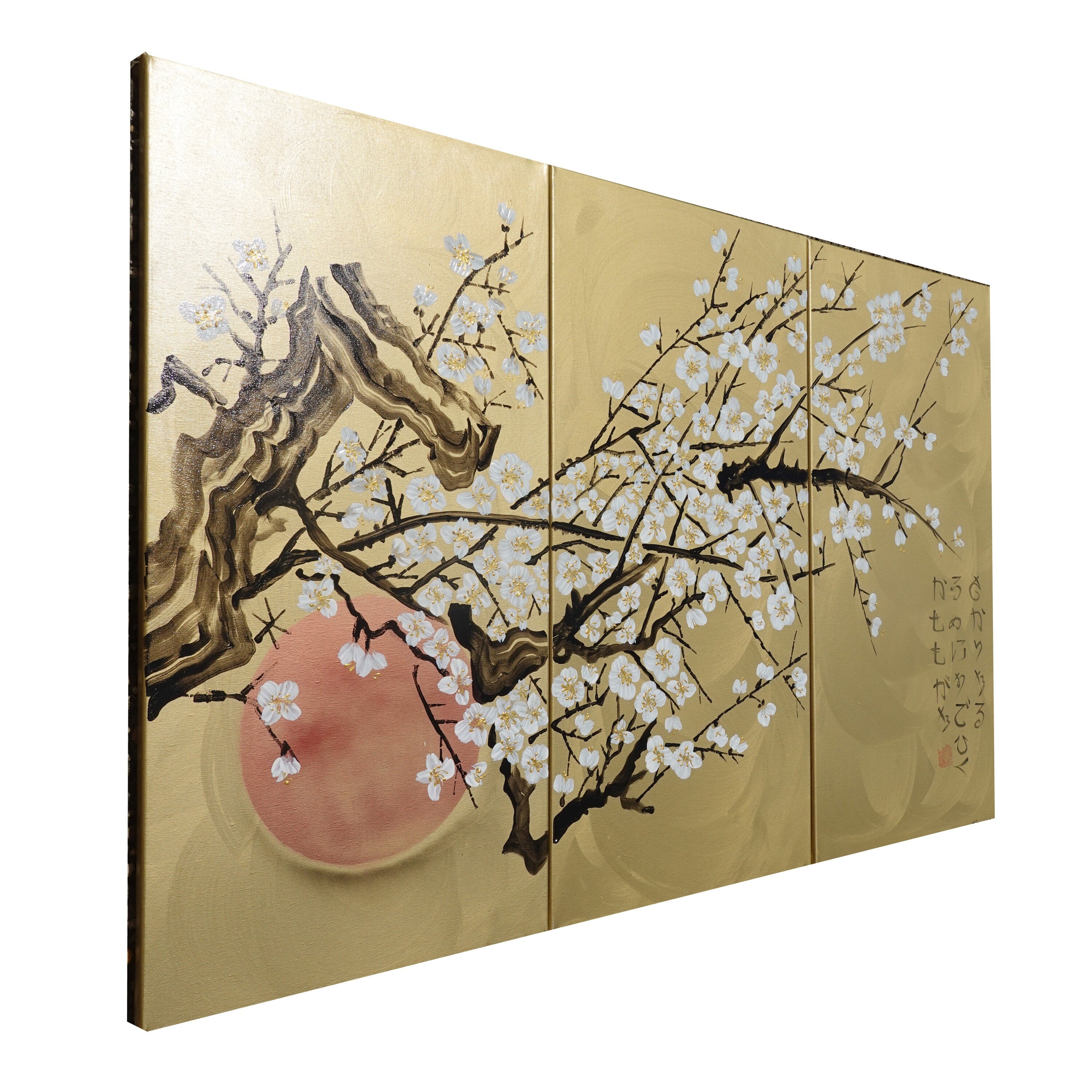 White Sakura J226 is a large Japanese gold triptych by Ksavera