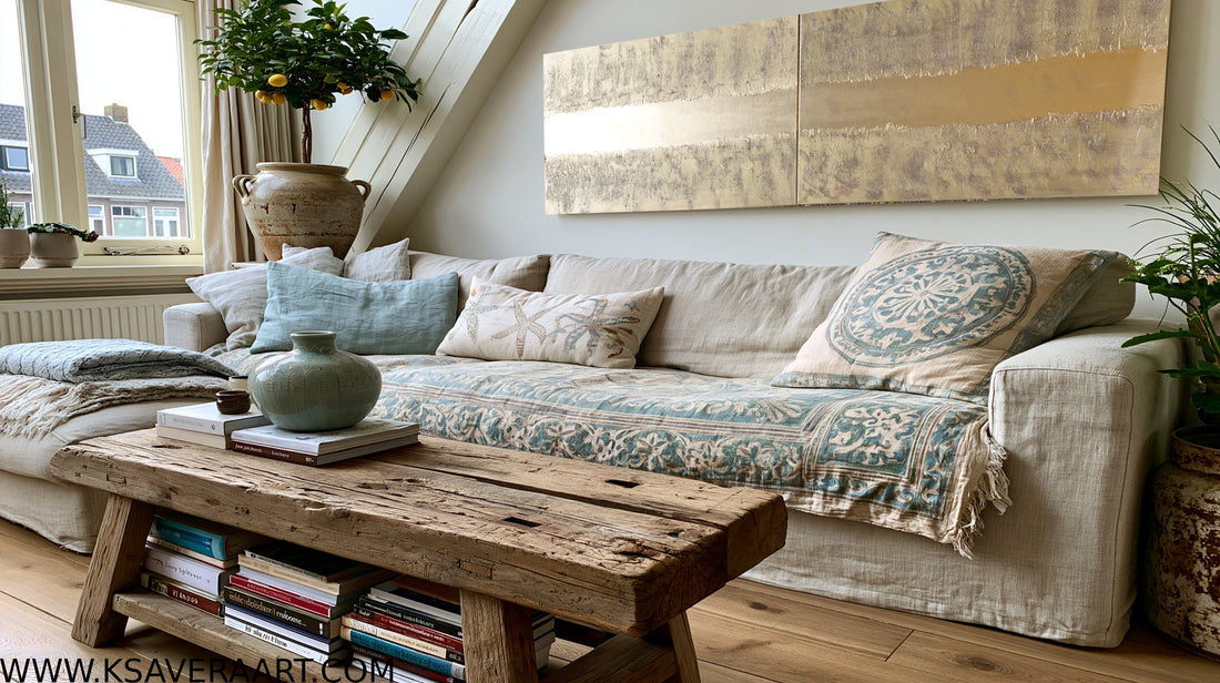 Long Gold textured diptych A776 above sofa