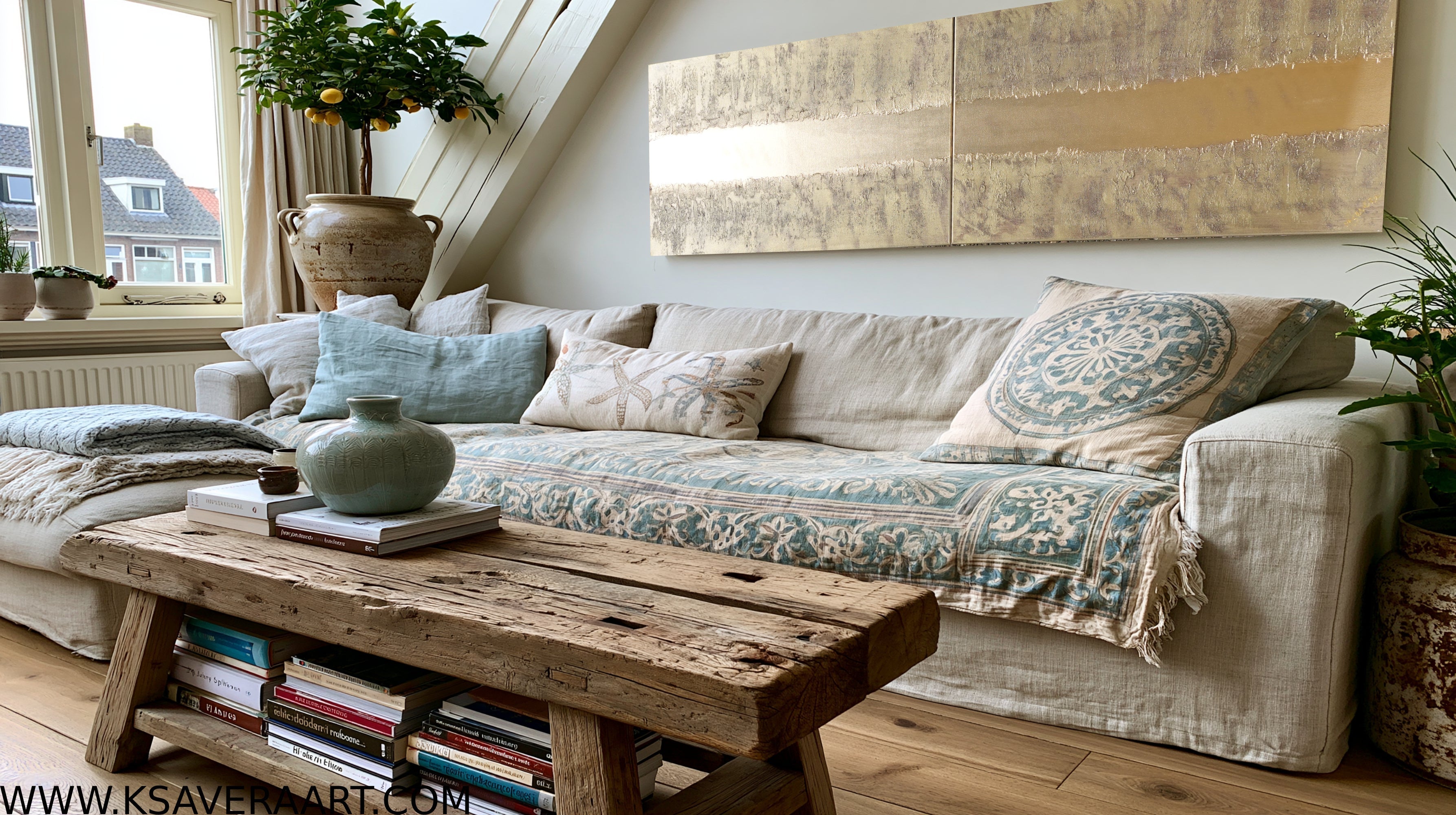 Long Gold textured diptych A776 above sofa
