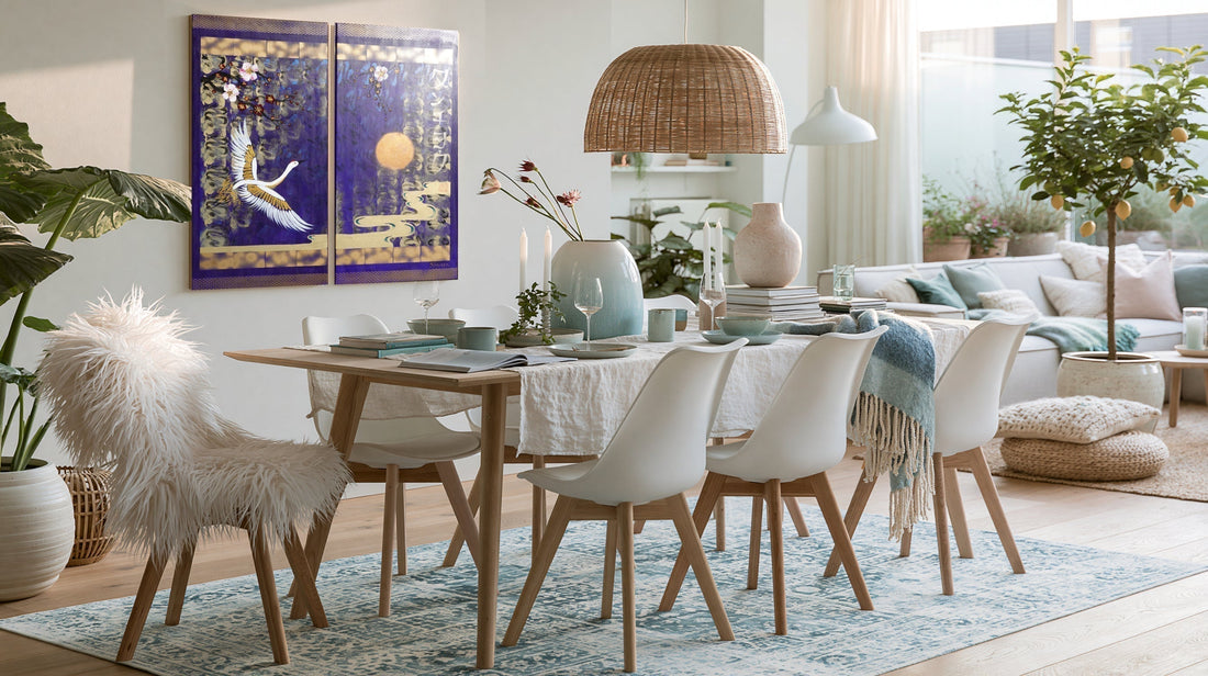 Blue japanese diptych in dining room
