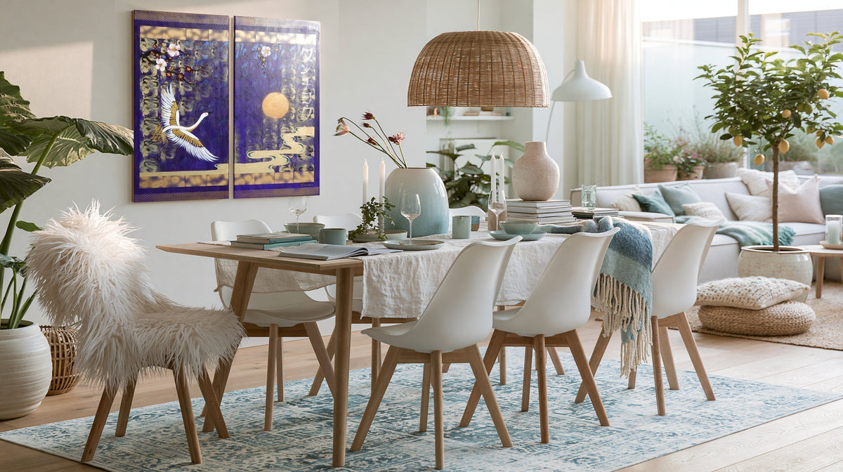 Blue japanese diptych in dining room