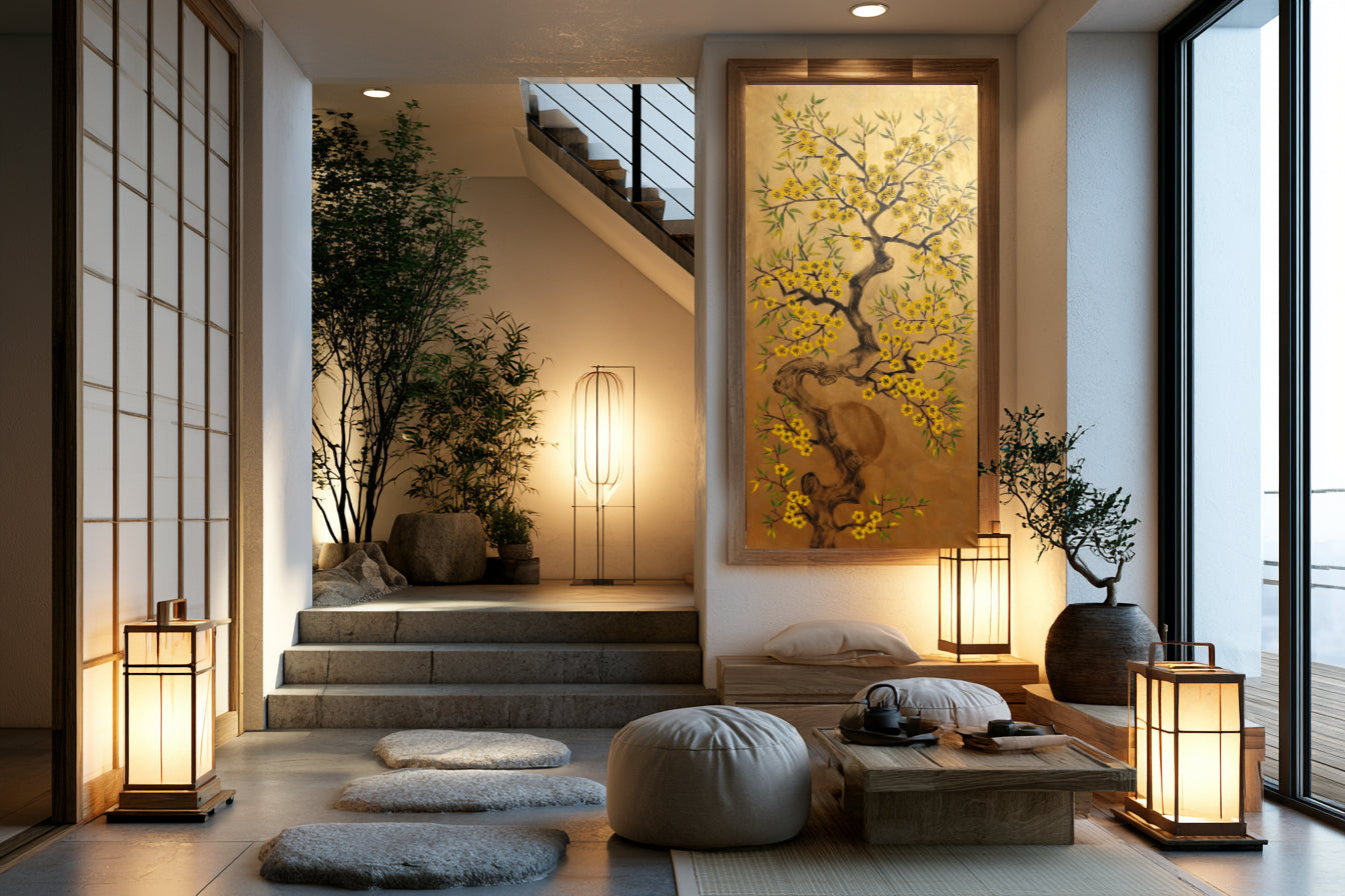 Choosing a large vertical painting for a Japandi office room
