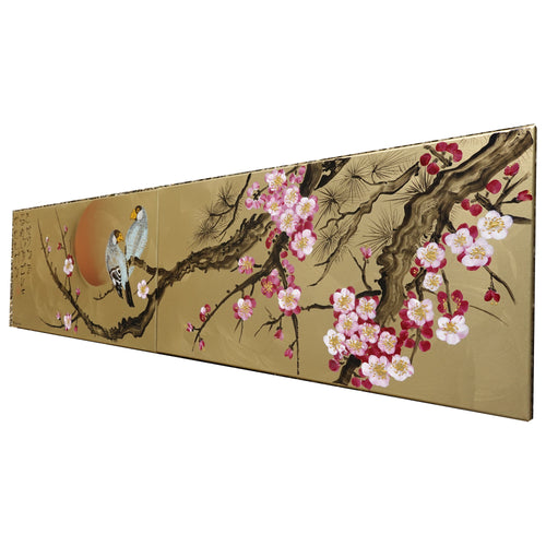 Sakura and love birds J247  - japanese gold diptych - original acrylic paintings by artist Ksavera