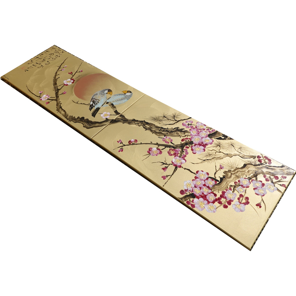 Sakura and love birds J247 - japanese gold diptych - original acrylic paintings by artist Ksavera
