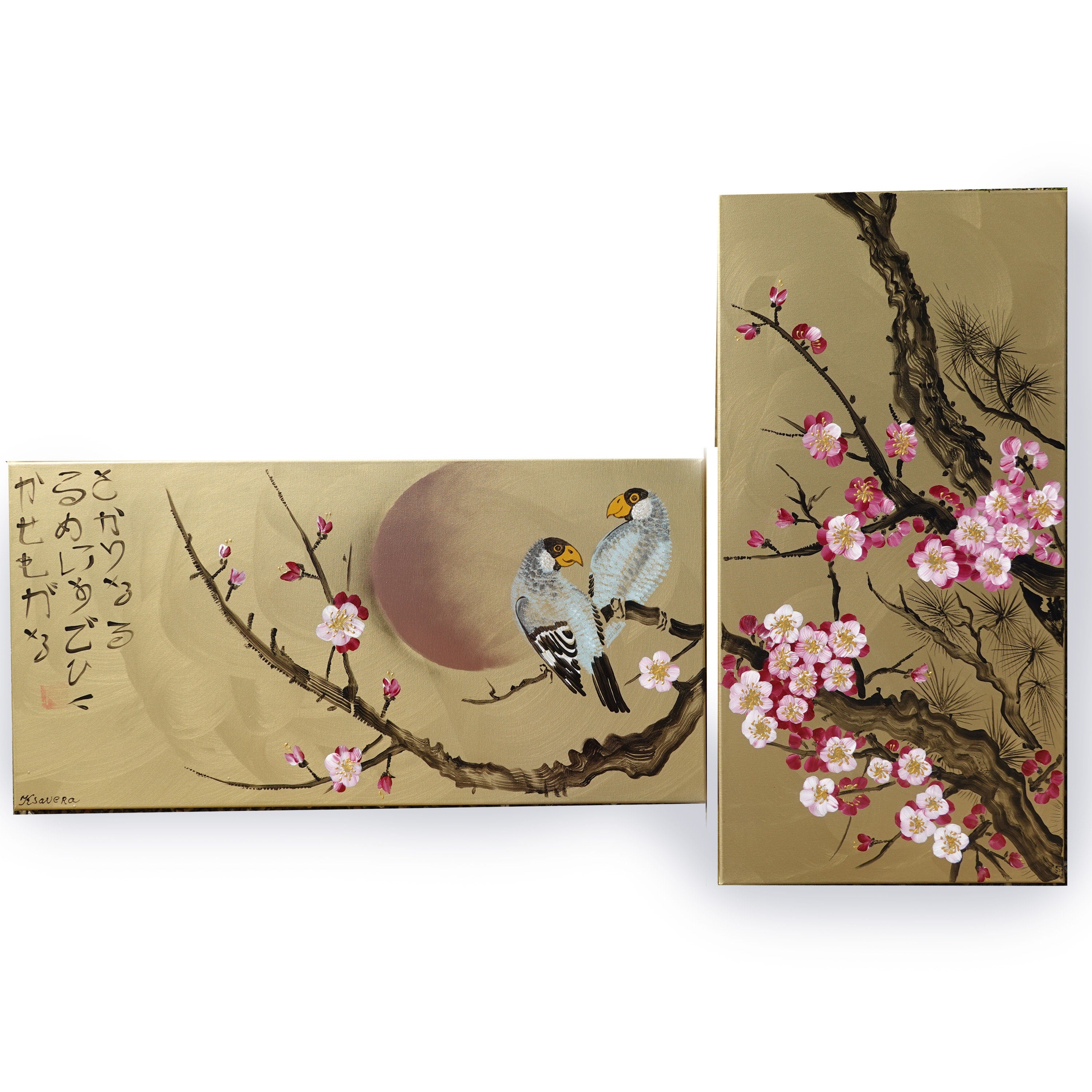 Sakura and love birds J247 - japanese gold diptych - original acrylic paintings by artist Ksavera
