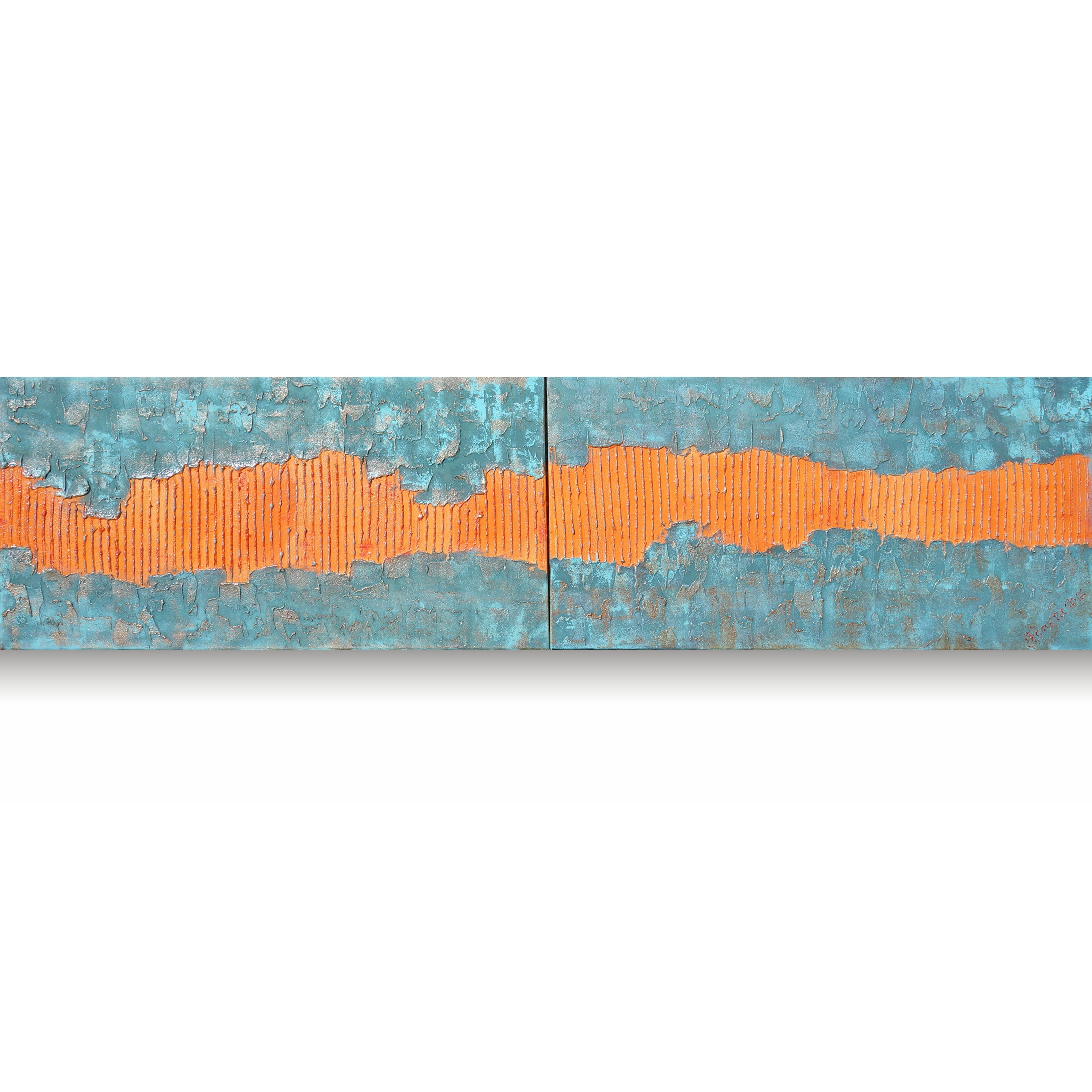 Copper patina orange Paintings “Abstract A044” - Textured Long Diptych by Ksavera