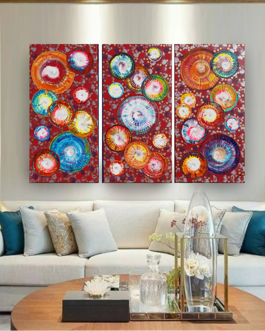 Abstract circles A1238 is a large-scale palette knife red triptych Original Acrylic Painting on stretched canvas by artist Ksavera.