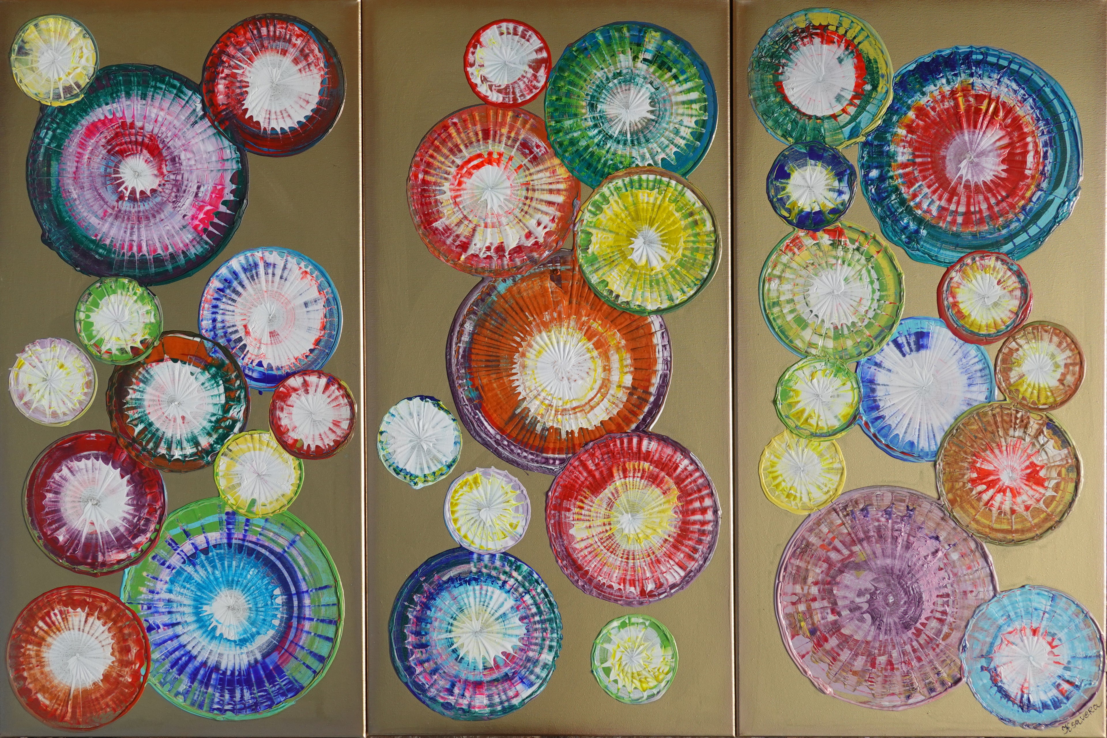 Peintures abstraites A1280 de l'artiste Ksavera - triptyque doré, peintures acryliques originales, empâtement