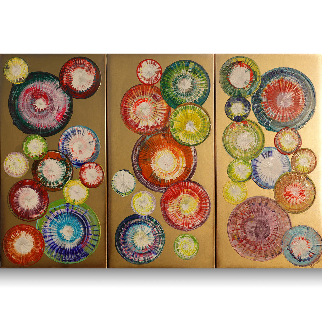 Peintures abstraites A1280 de l'artiste Ksavera - triptyque doré, peintures acryliques originales, empâtement