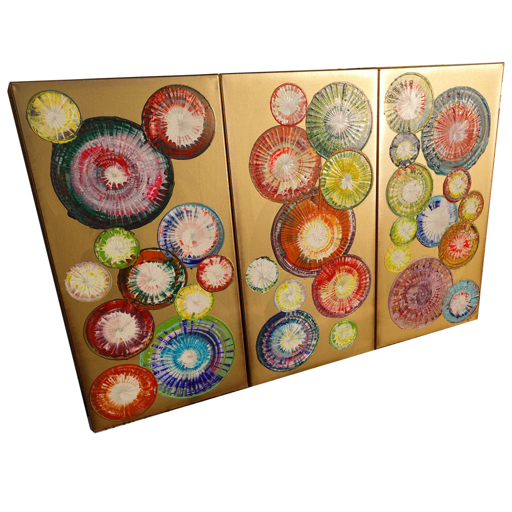 Peintures abstraites A1280 de l'artiste Ksavera - triptyque doré, peintures acryliques originales, empâtement