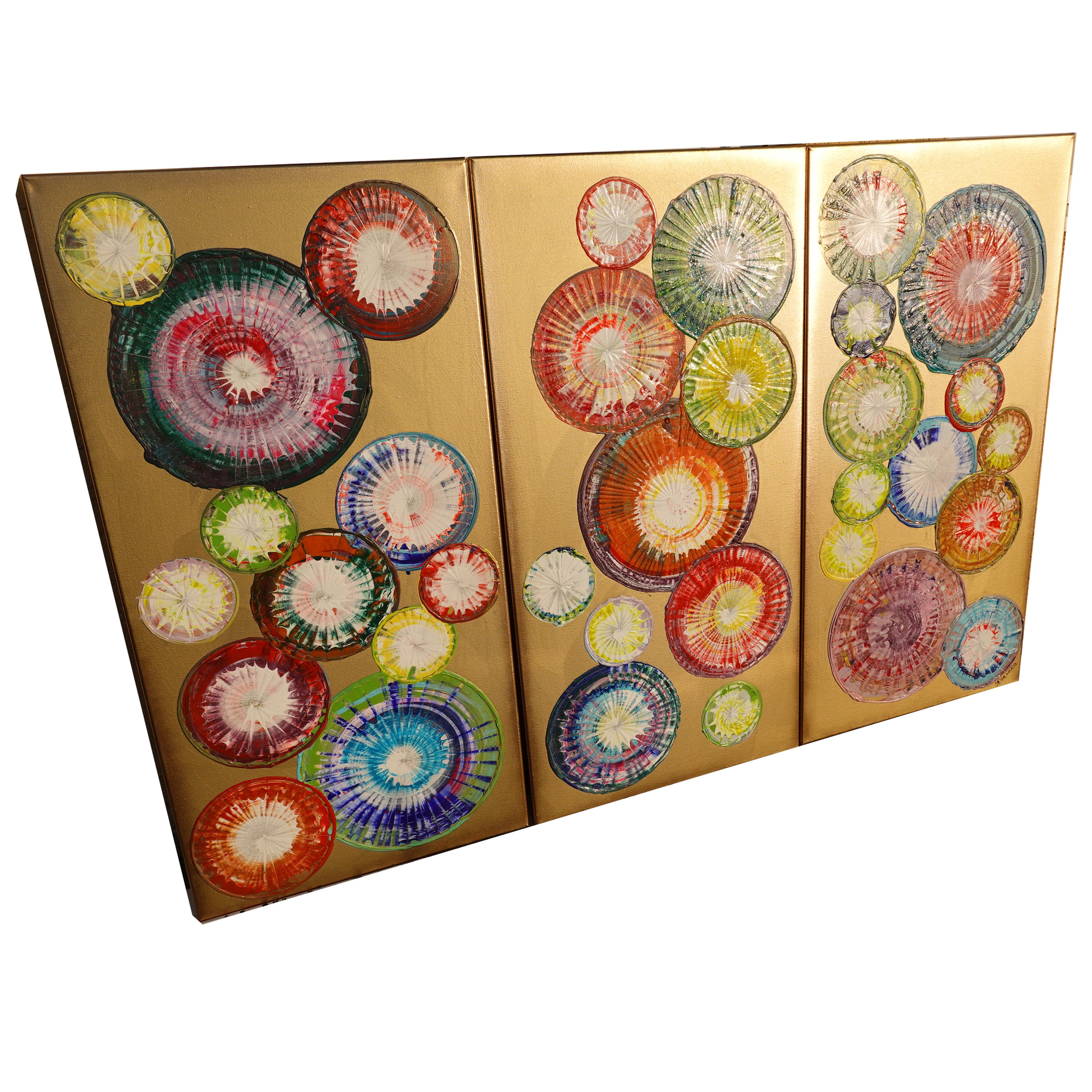 Peintures abstraites A1280 de l'artiste Ksavera - triptyque doré, peintures acryliques originales, empâtement