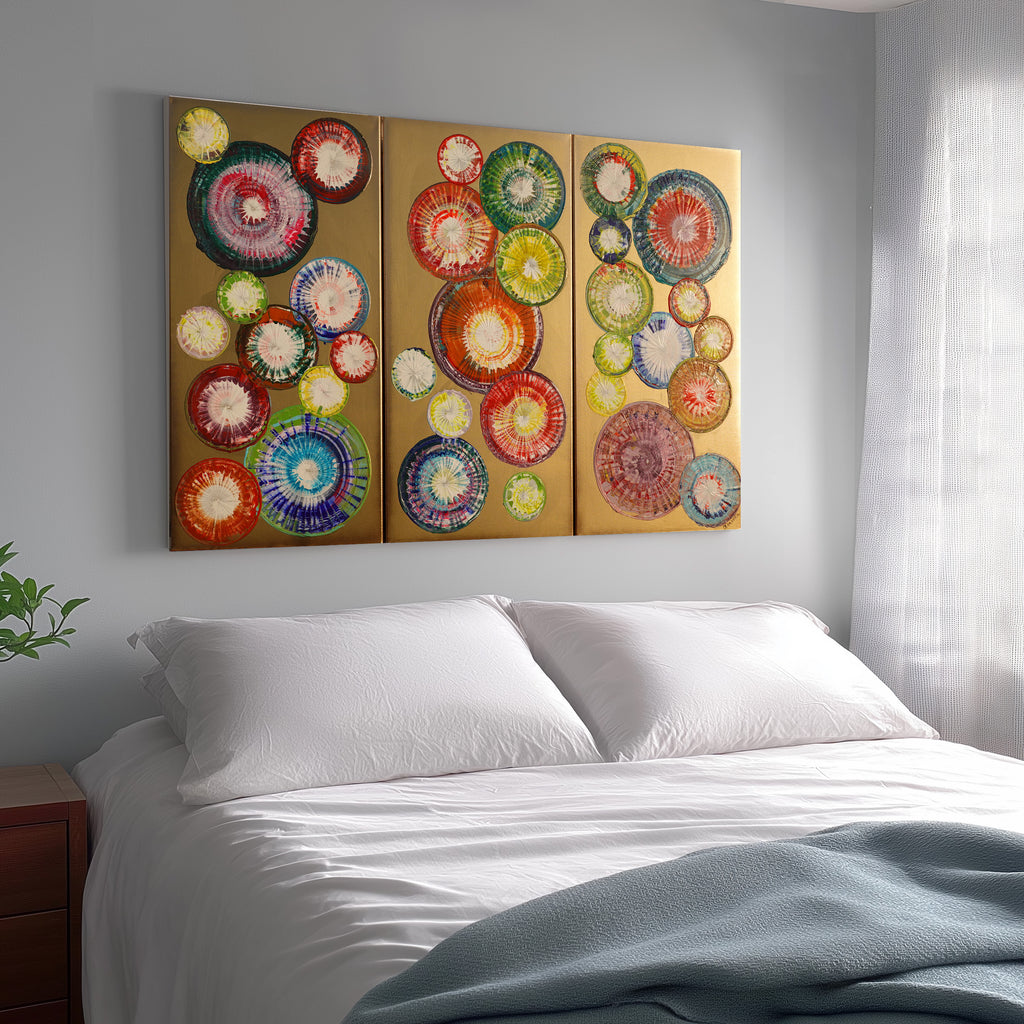 Peintures abstraites A1280 de l'artiste Ksavera - triptyque doré, peintures acryliques originales, empâtement