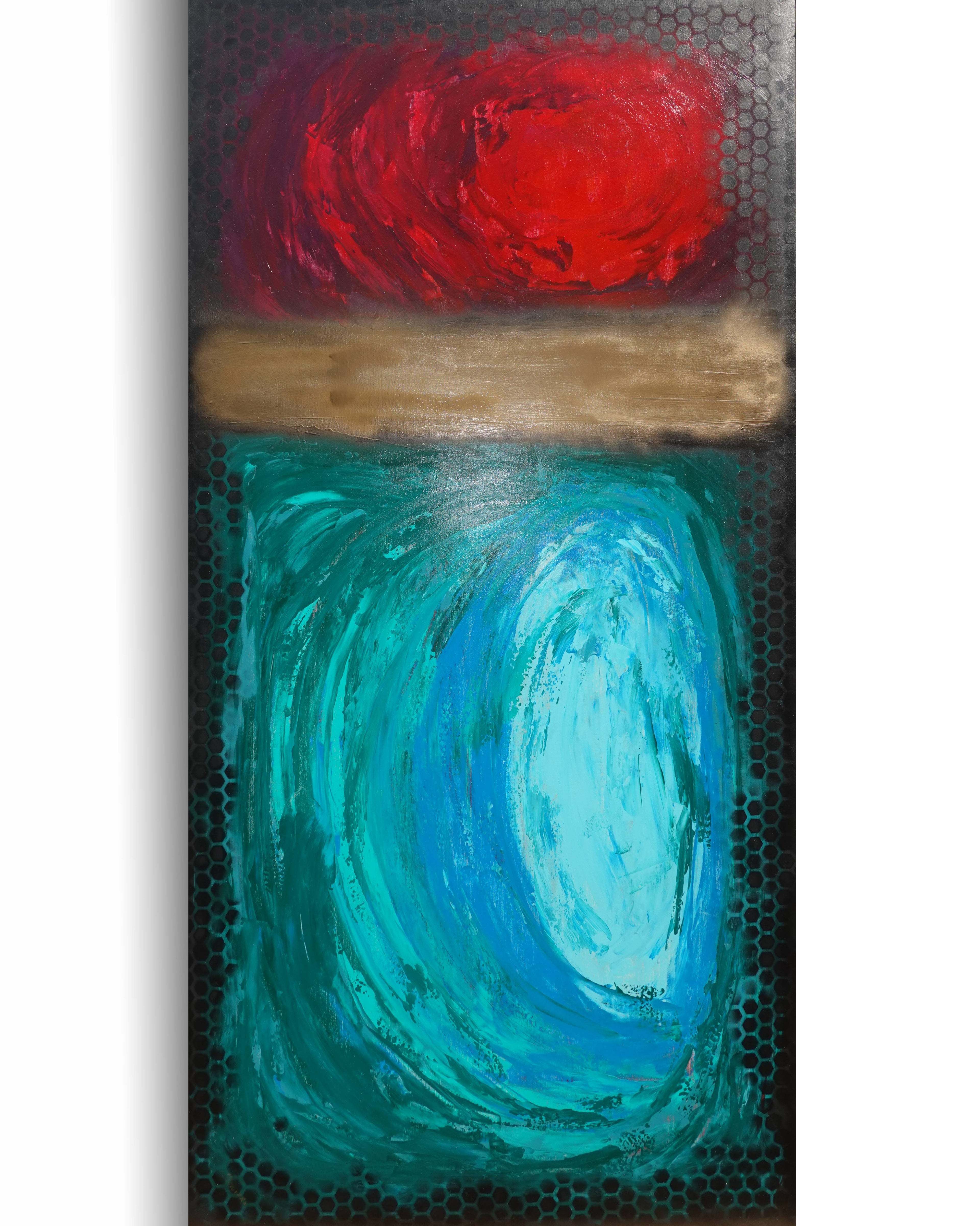 Abstract Minimalist Painting A1365 - Modern original red gold emerald Wall Art by Ksavera