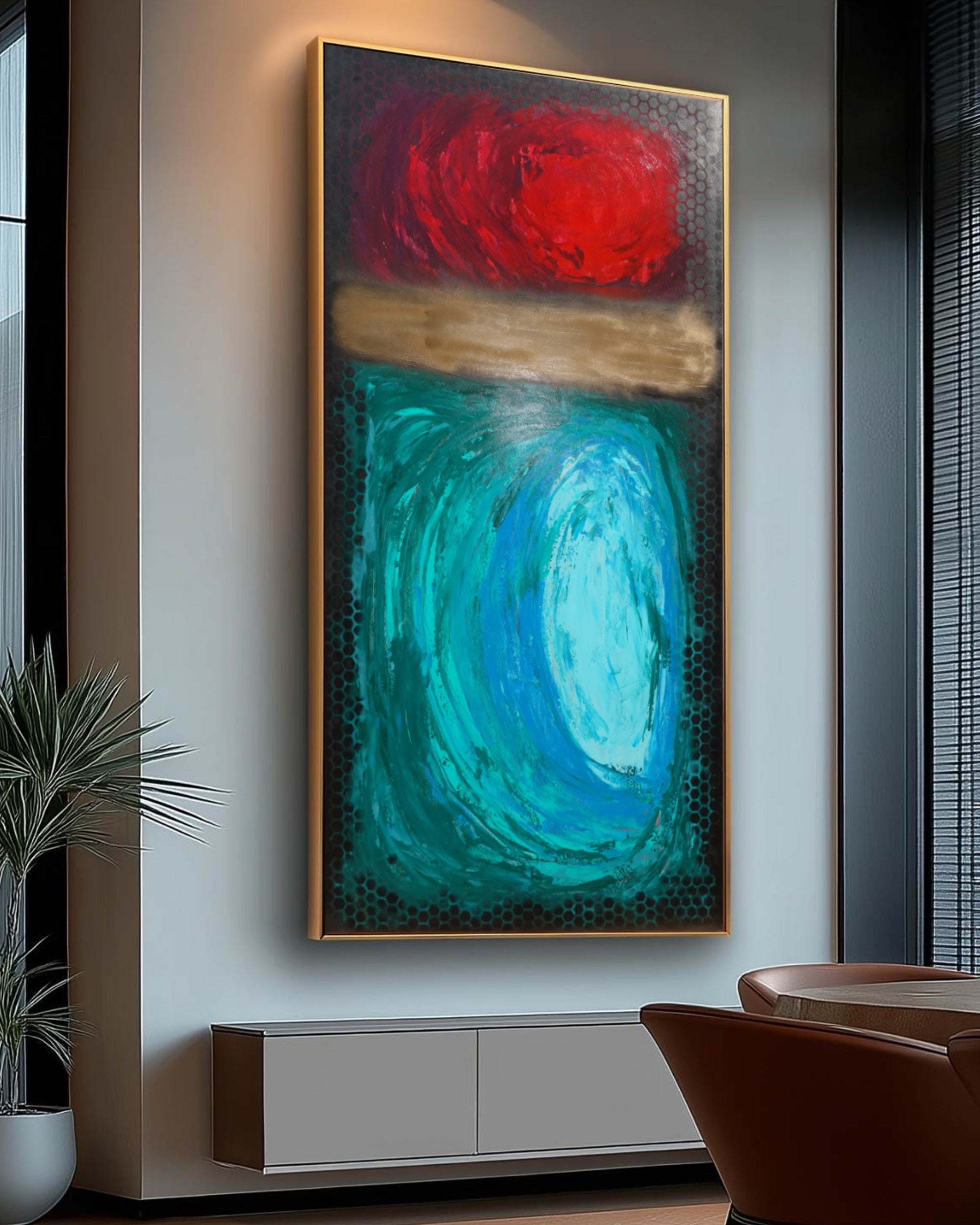 Abstract Minimalist Painting A1365 - Modern original red gold emerald Wall Art by Ksavera