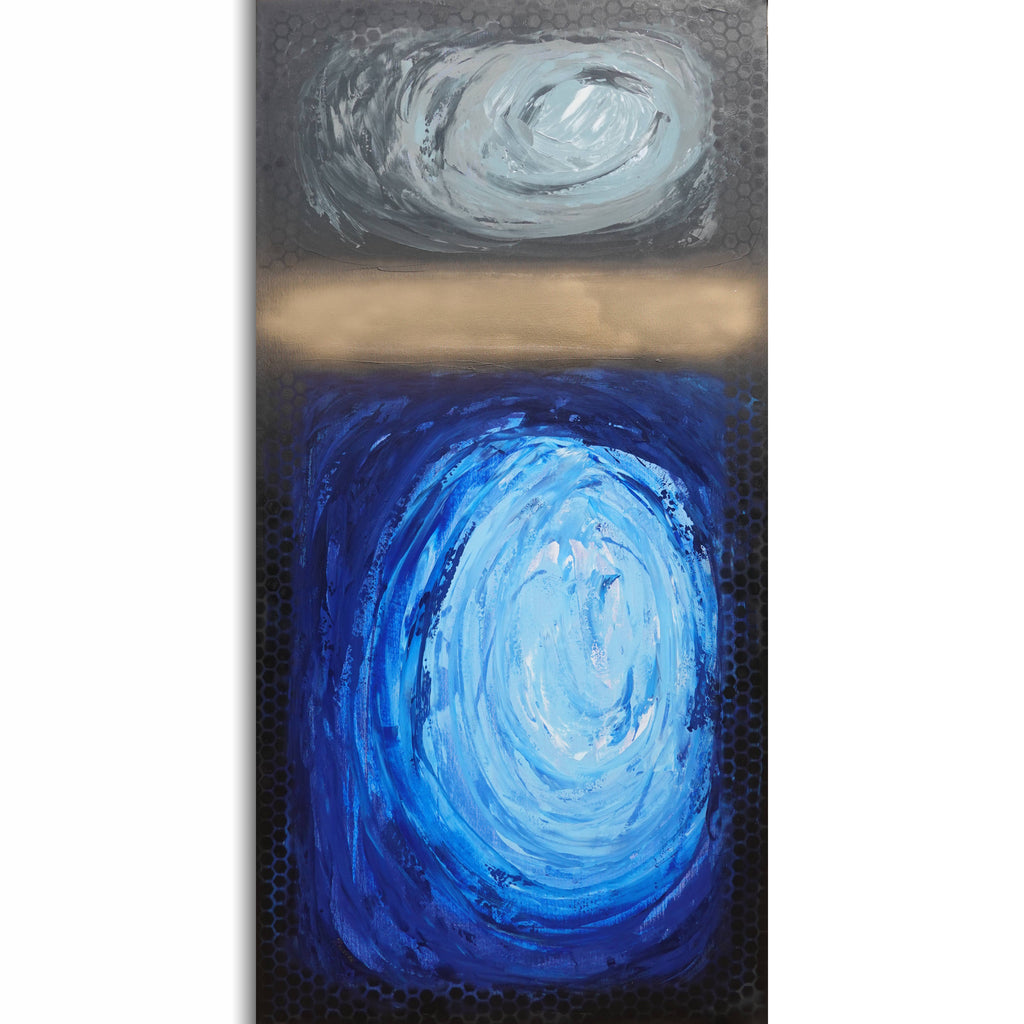 The image is an abstract painting with a dark background and a lighter blue swirl shape in the center.