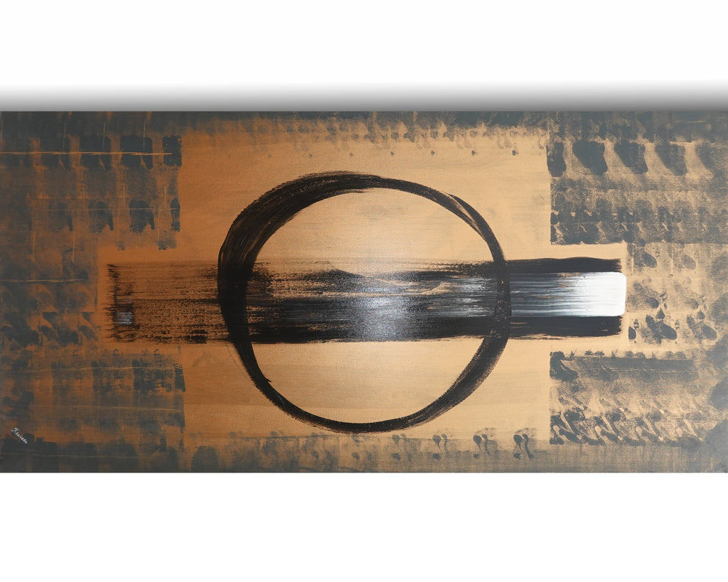 Abstraktes geometrisches Gemälde A1368 – Schwarze und bronzene japanische Originalleinwand von Ksavera