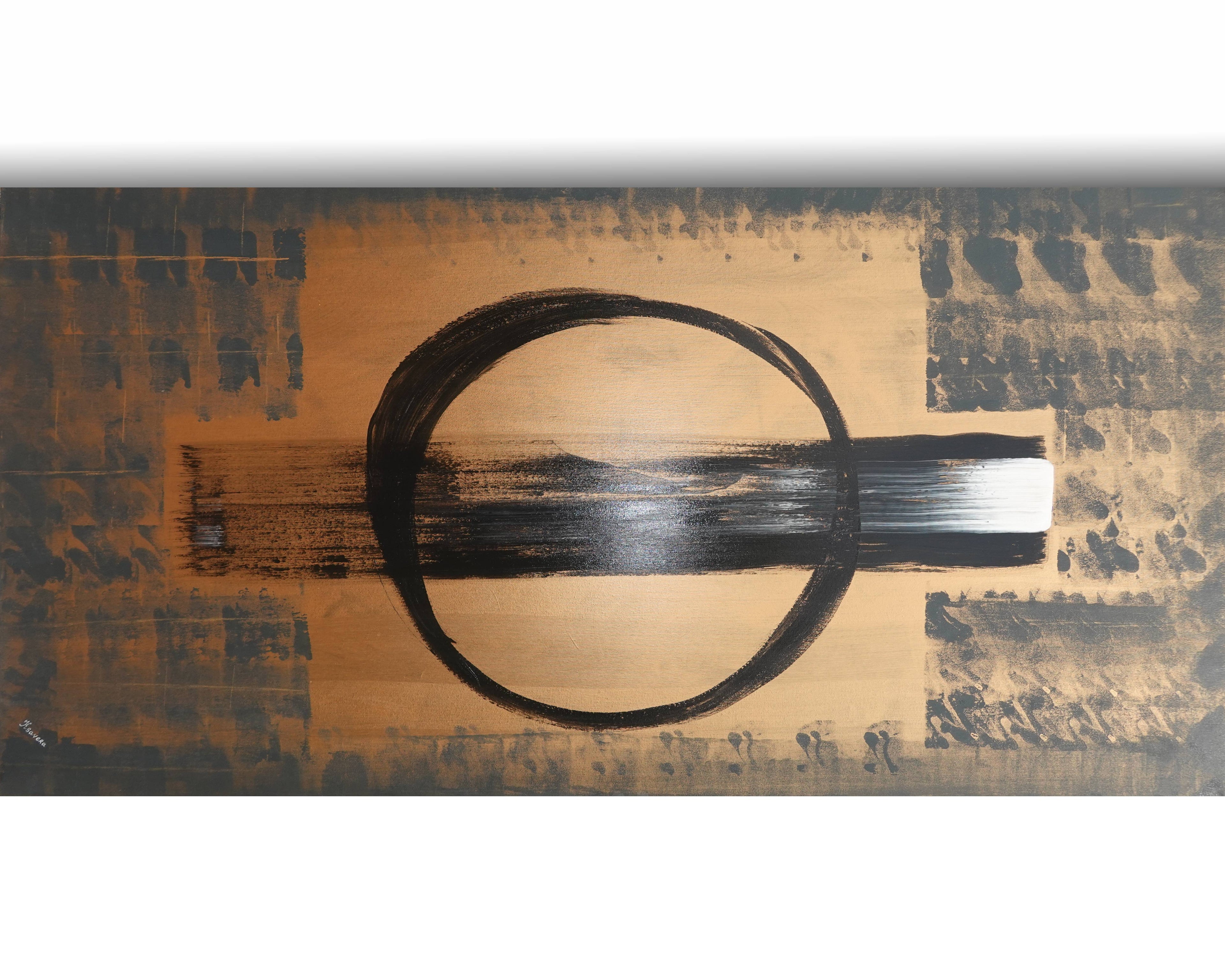 Abstraktes geometrisches Gemälde A1368 – Schwarze und bronzene japanische Originalleinwand von Ksavera