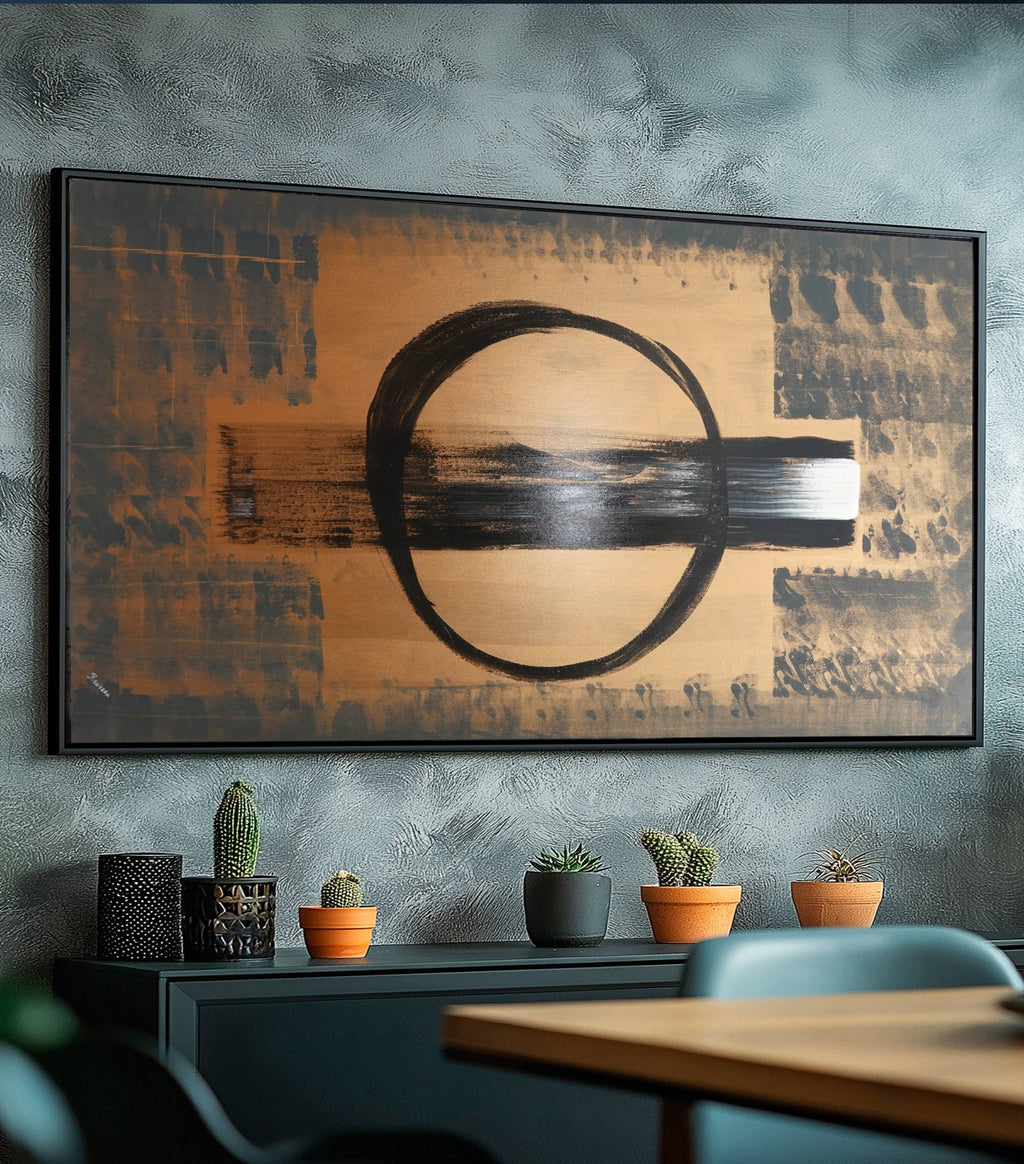 Abstraktes geometrisches Gemälde A1368 – Schwarze und bronzene japanische Originalleinwand von Ksavera