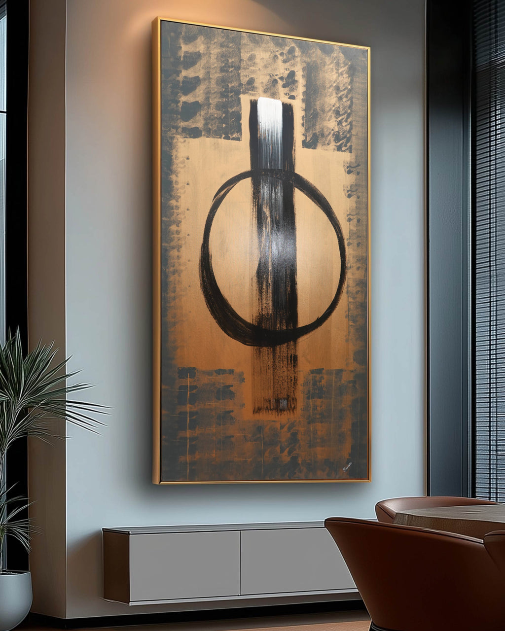 Abstraktes geometrisches Gemälde A1368 – Schwarze und bronzene japanische Originalleinwand von Ksavera