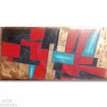 The image is an abstract painting with bold geometric shapes and colors, including red, blue, and black.