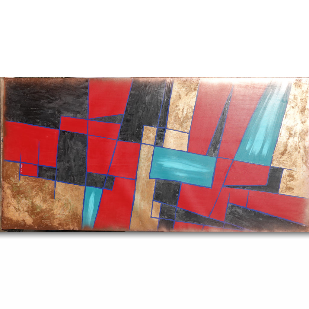 The image is an abstract painting with bold geometric shapes and colors, including red, blue, and black.