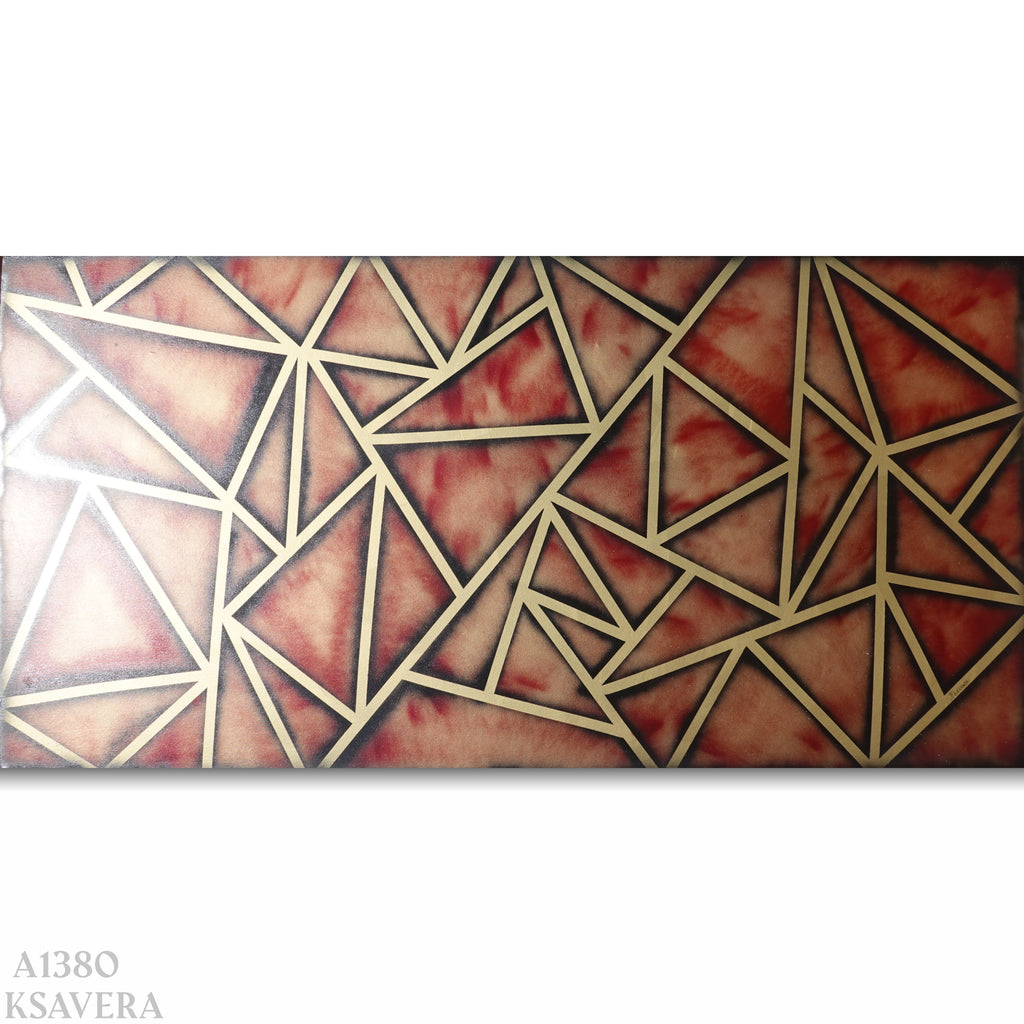a geometric pattern composed of intersecting lines and shapes in shades of red and gold.