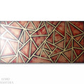a geometric pattern composed of intersecting lines and shapes in shades of red and gold.