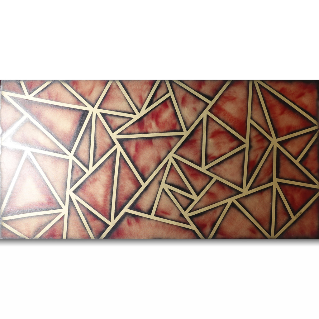 a geometric pattern composed of intersecting lines and shapes in shades of red and gold.