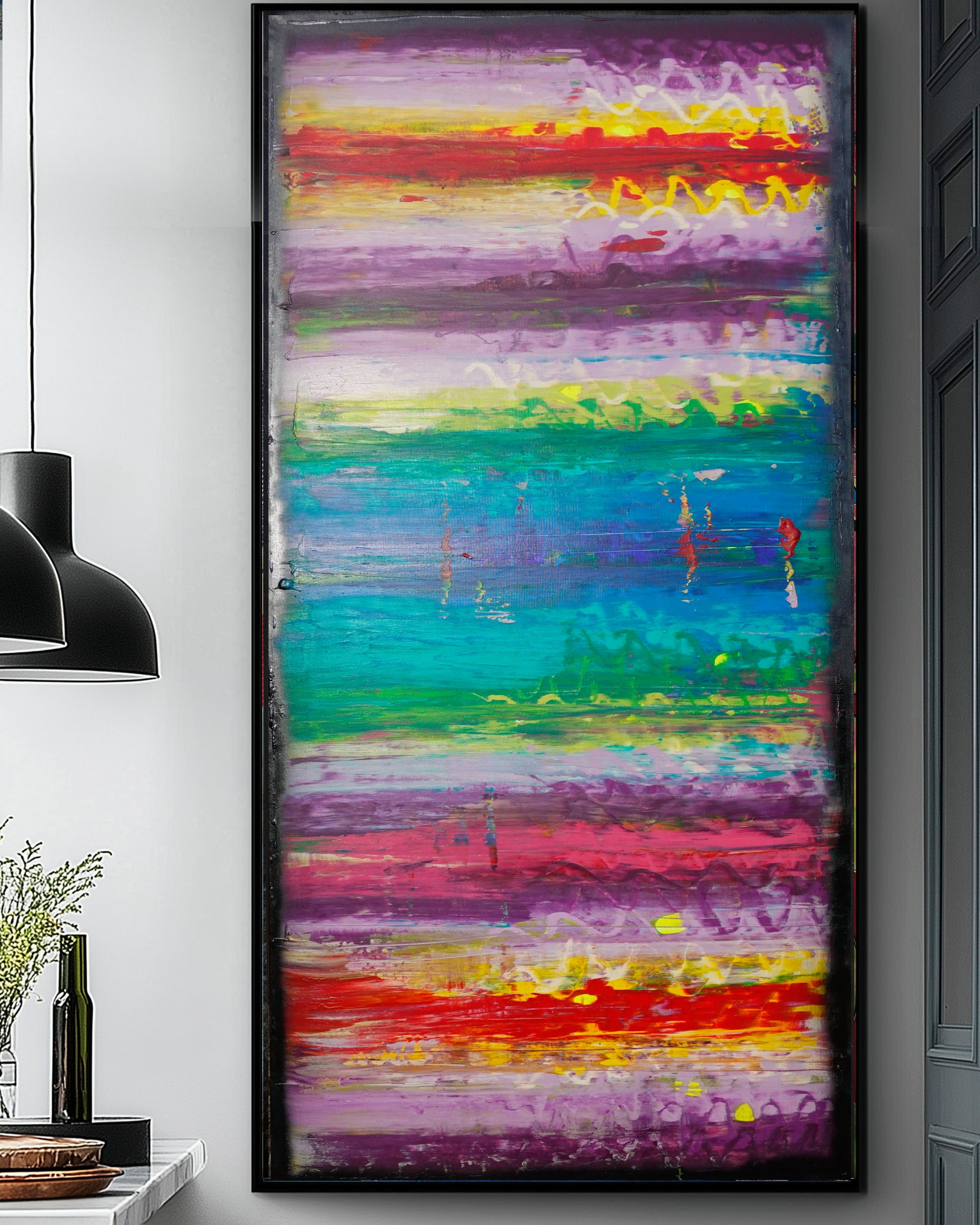 Abstract A1402 is a large colorful and black impasto palette knife Original Acrylic Painting on unstretched canvas by artist Ksavera