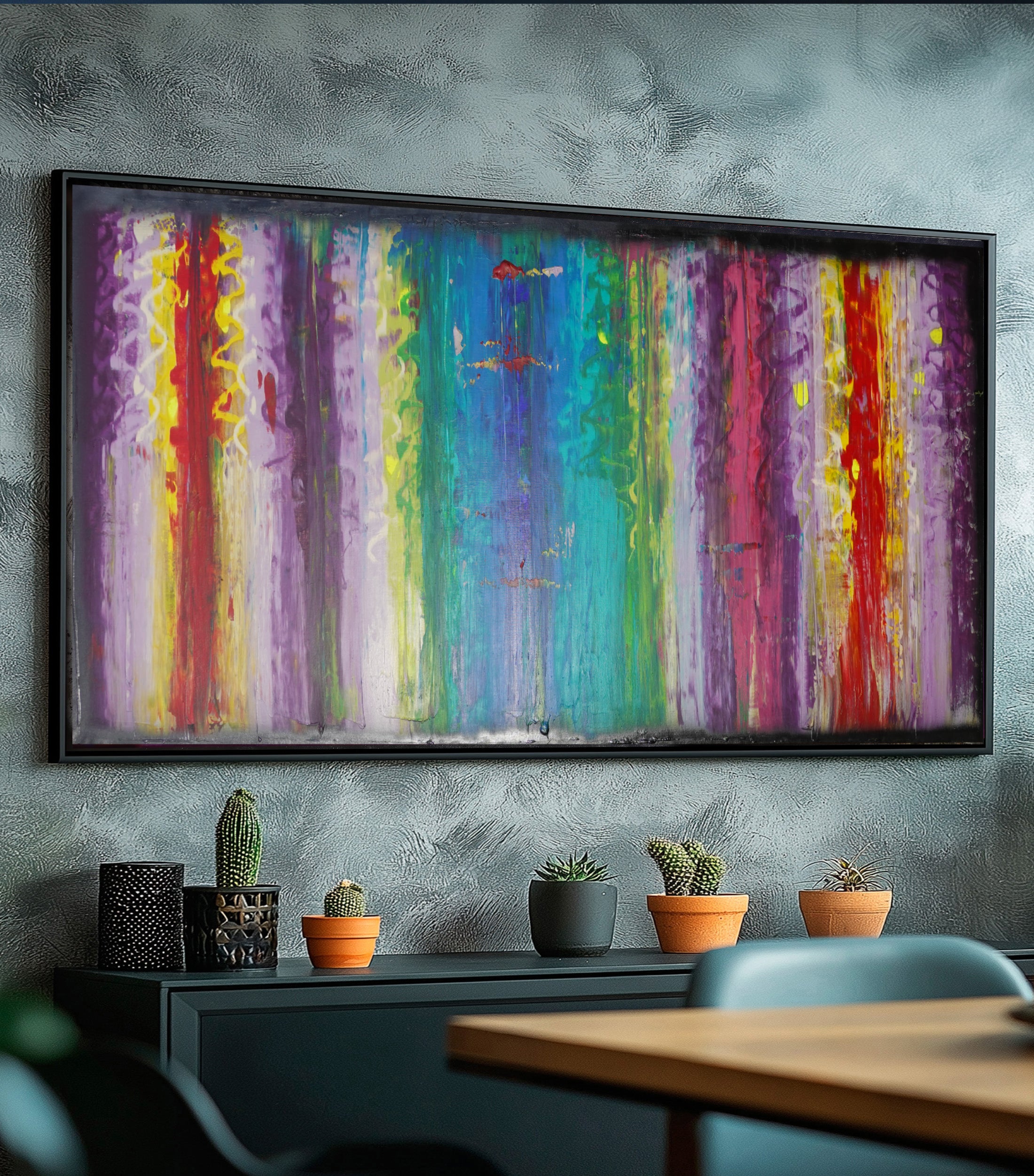 Abstract A1402 is a large colorful and black impasto palette knife Original Acrylic Painting on unstretched canvas by artist Ksavera