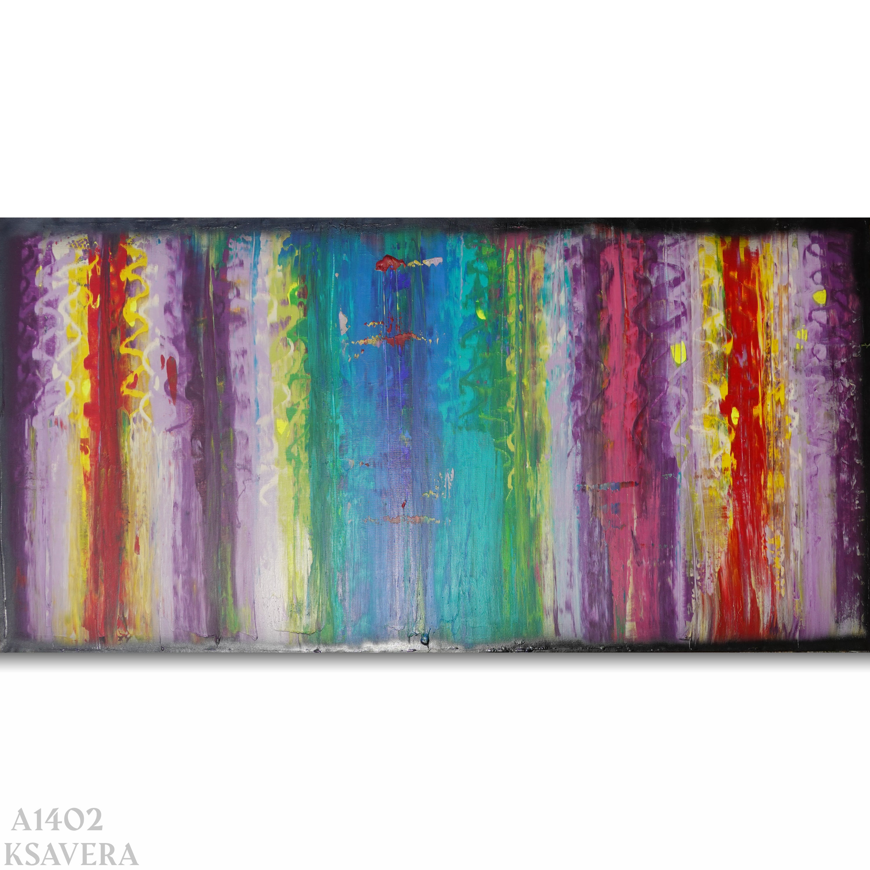 The image is a vibrant abstract painting with a variety of colors and brushstrokes, creating a dynamic and energetic composition.