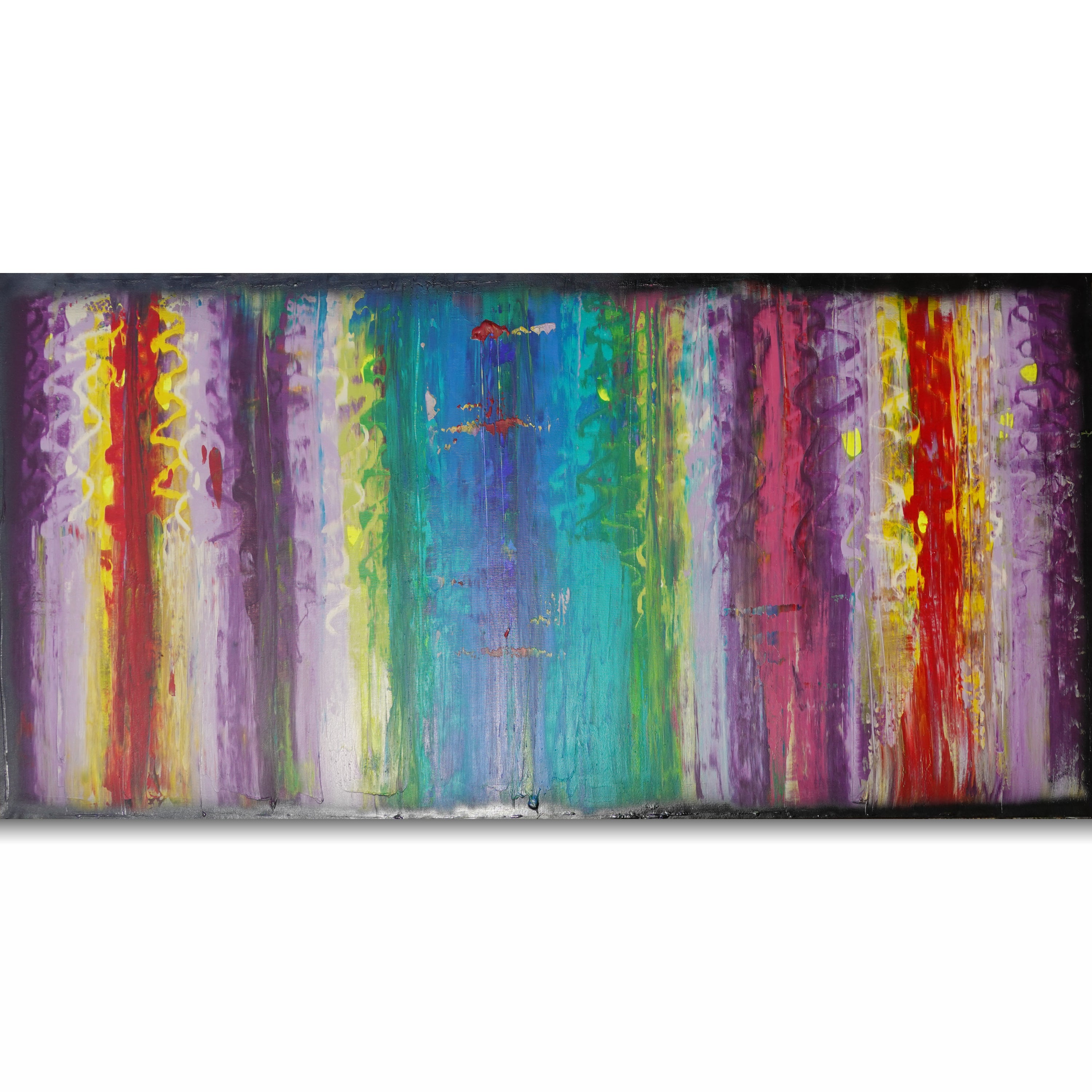 The image is a vibrant abstract painting with a variety of colors and brushstrokes, creating a dynamic and energetic composition.