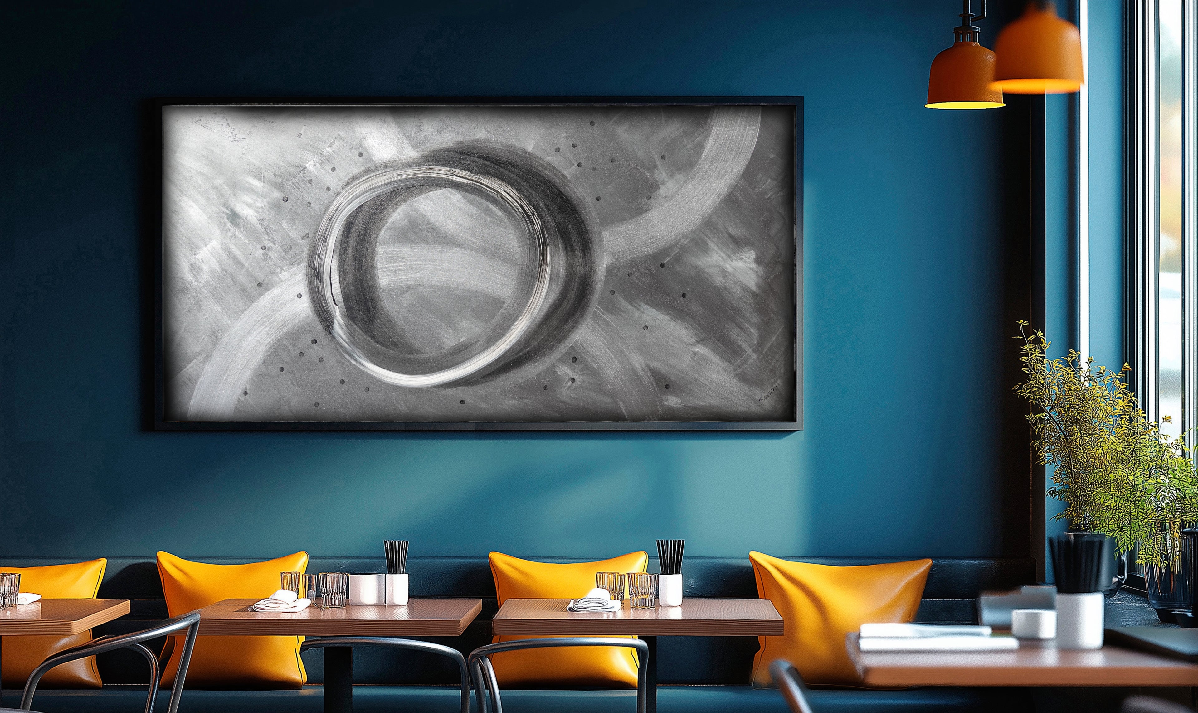 Enso Abstract A1403 is a large-scale silver and black textured Original Acrylic Painting on unstretched canvas by artist Ksavera.