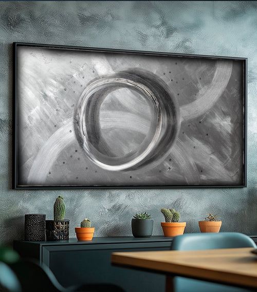 Enso Abstract A1403 is a large-scale silver and black textured Original Acrylic Painting on unstretched canvas by artist Ksavera.