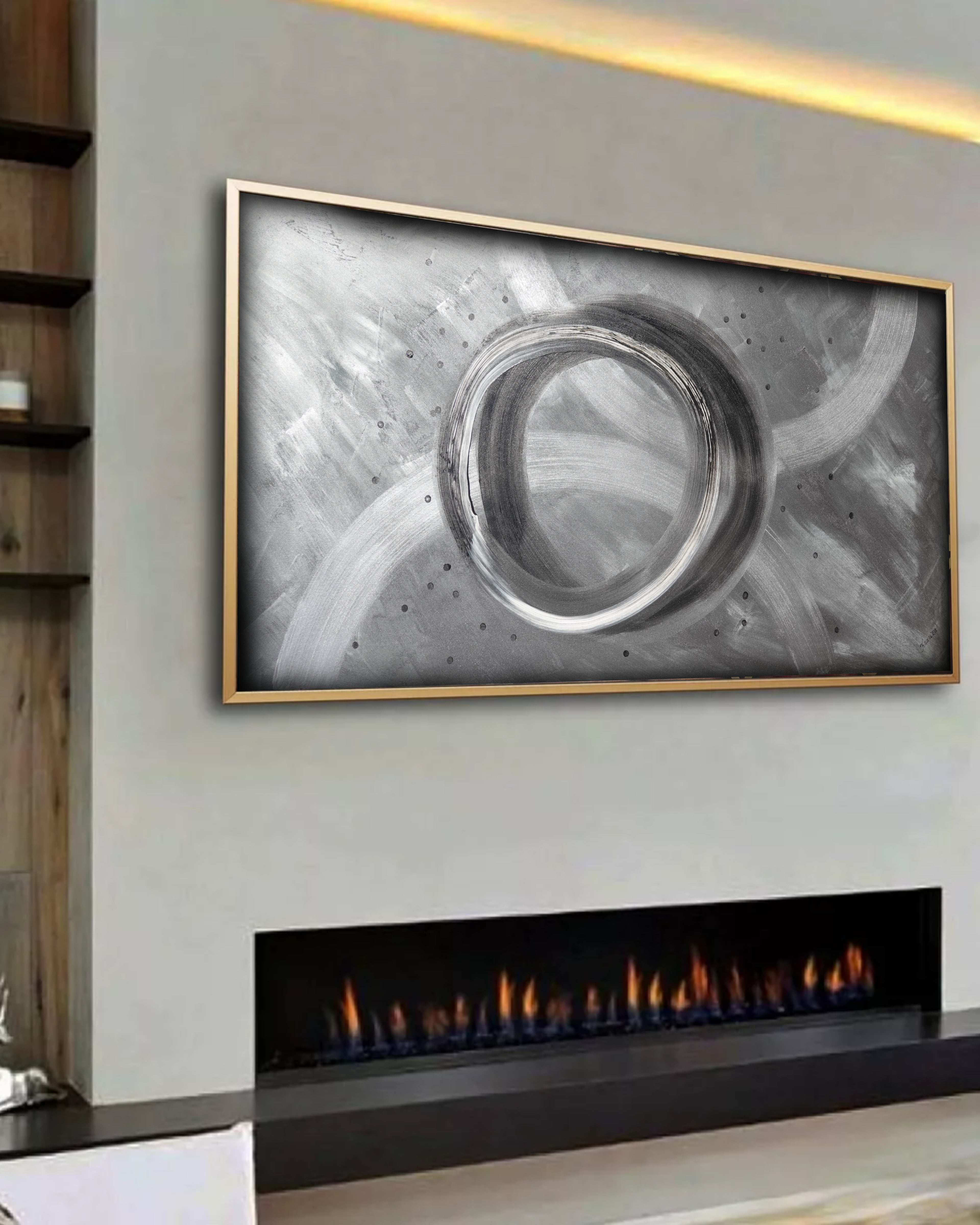 Enso Abstract A1403 is a large-scale silver and black textured Original Acrylic Painting on unstretched canvas by artist Ksavera.