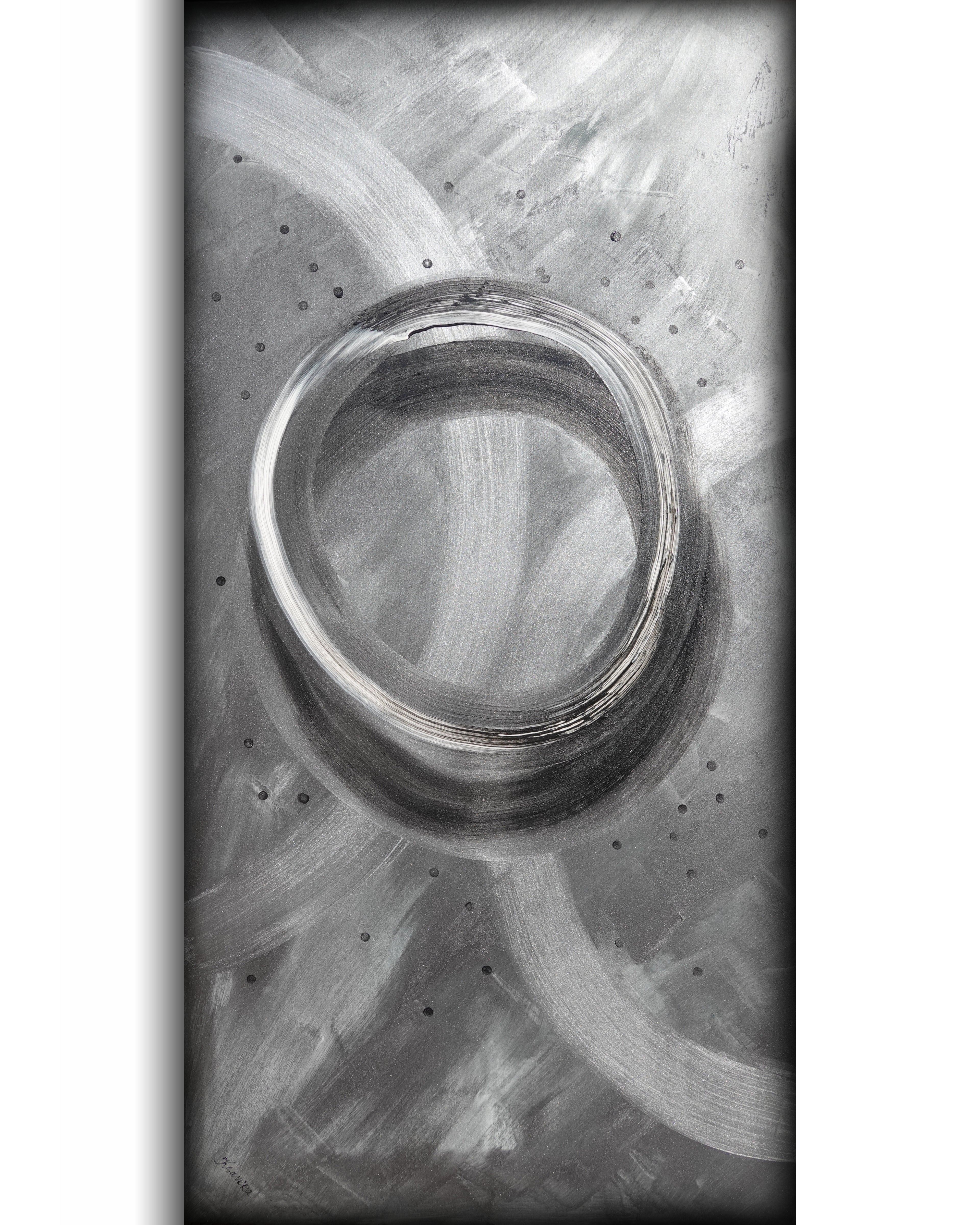 Enso Abstract A1403 is a large-scale silver and black textured Original Acrylic Painting on unstretched canvas by artist Ksavera.