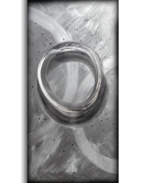 Enso Abstract A1403 is a large-scale silver and black textured Original Acrylic Painting on unstretched canvas by artist Ksavera.