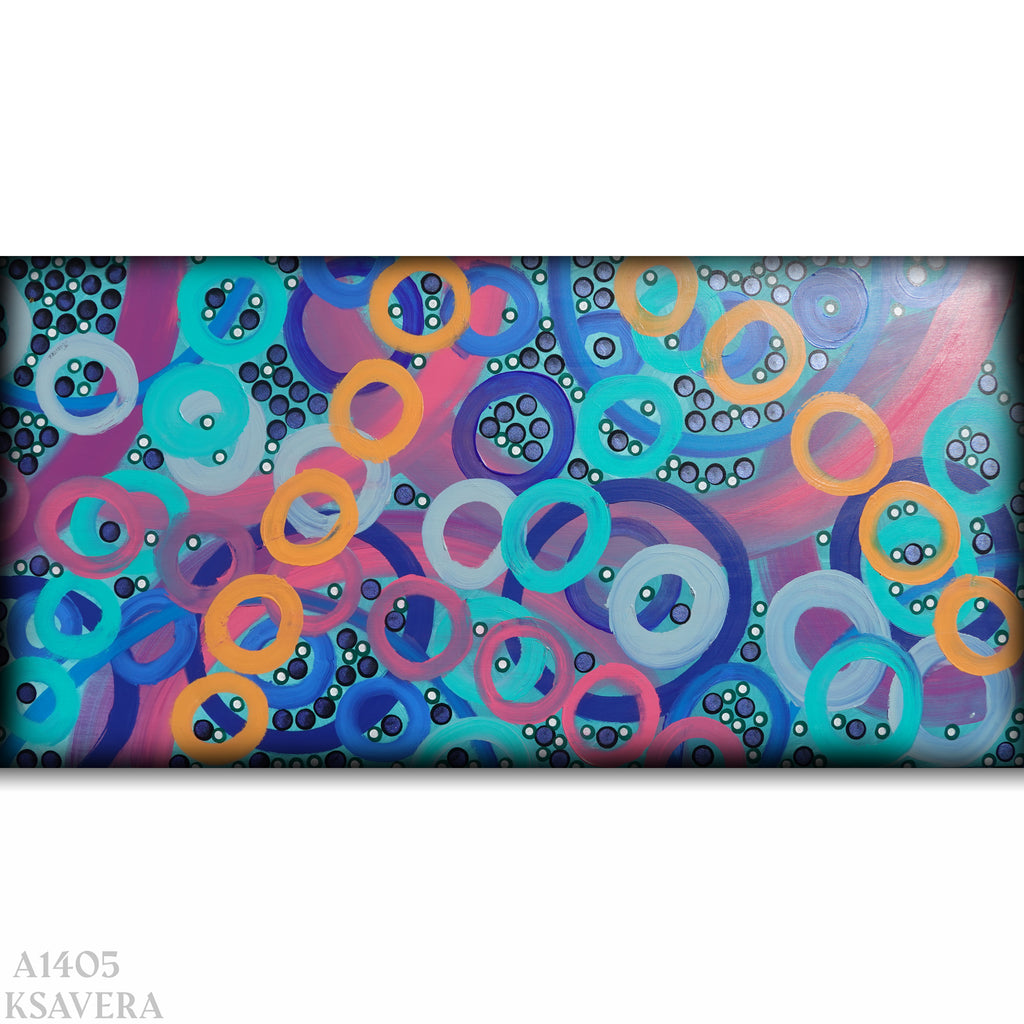 The image is a vibrant abstract painting featuring a variety of colorful circles and shapes in shades of blue, pink, orange, and purple.