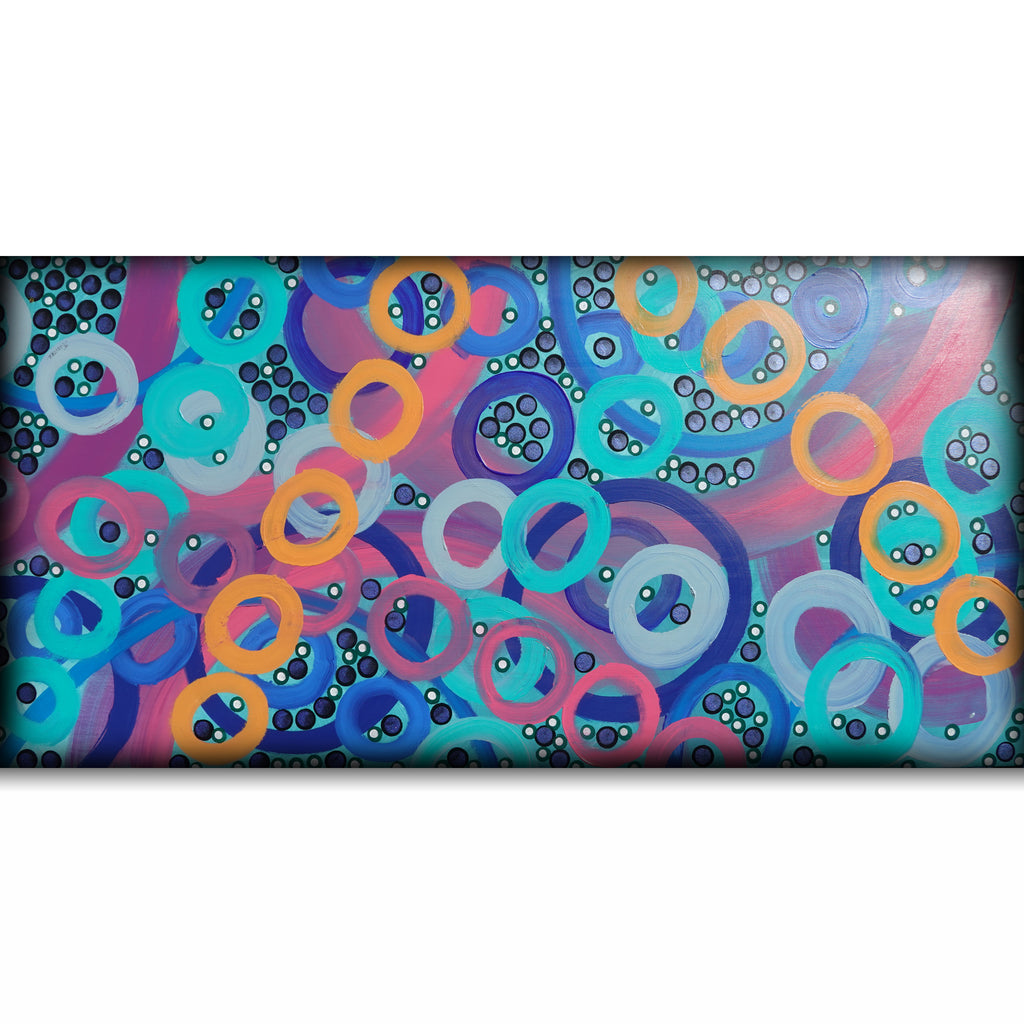The image is a vibrant abstract painting featuring a variety of colorful circles and shapes in shades of blue, pink, orange, and purple.