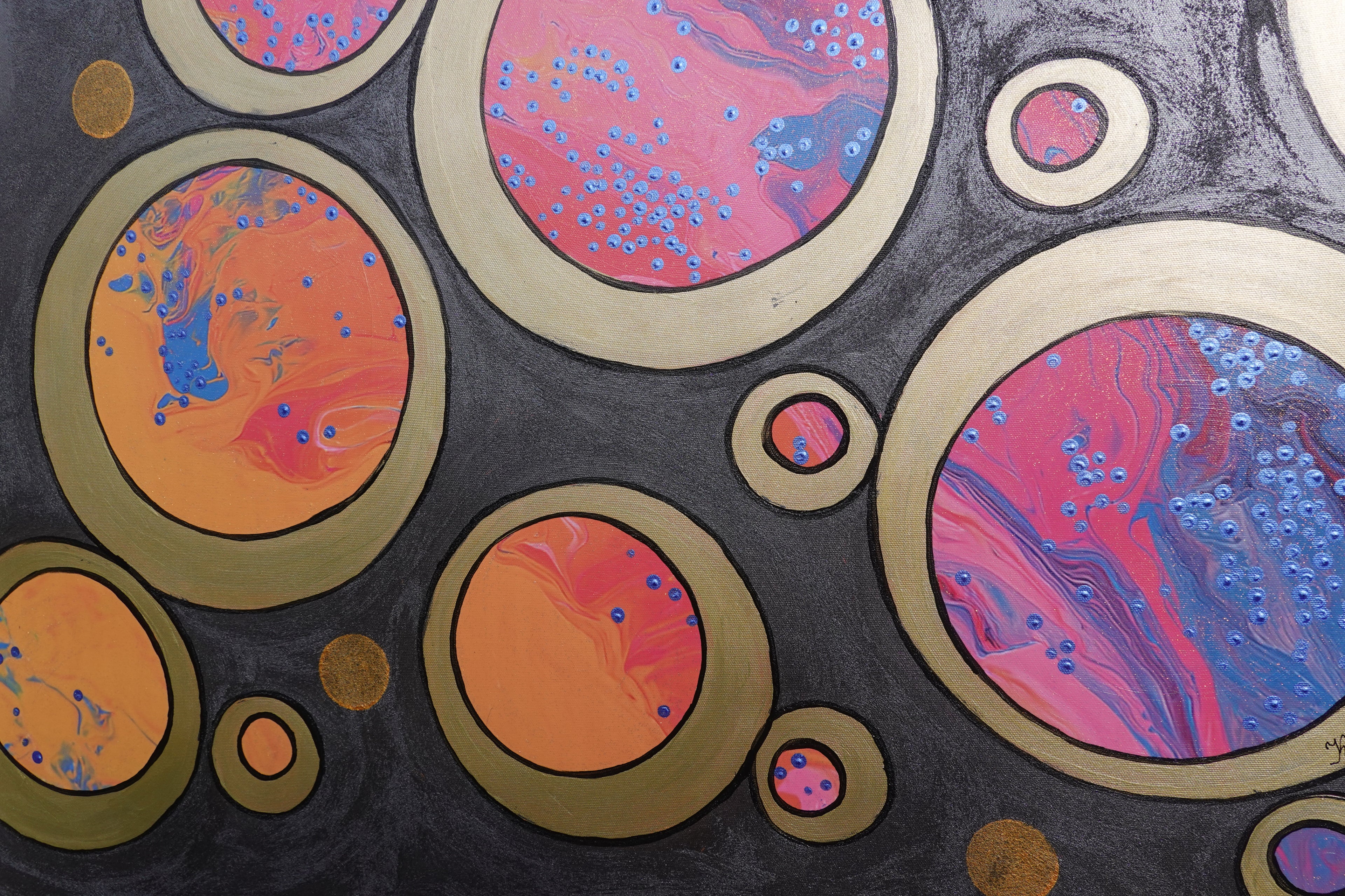 Abstract A1415 is a large-scale circles black and gold Original Acrylic Painting on unstretched canvas by artist Ksavera.
