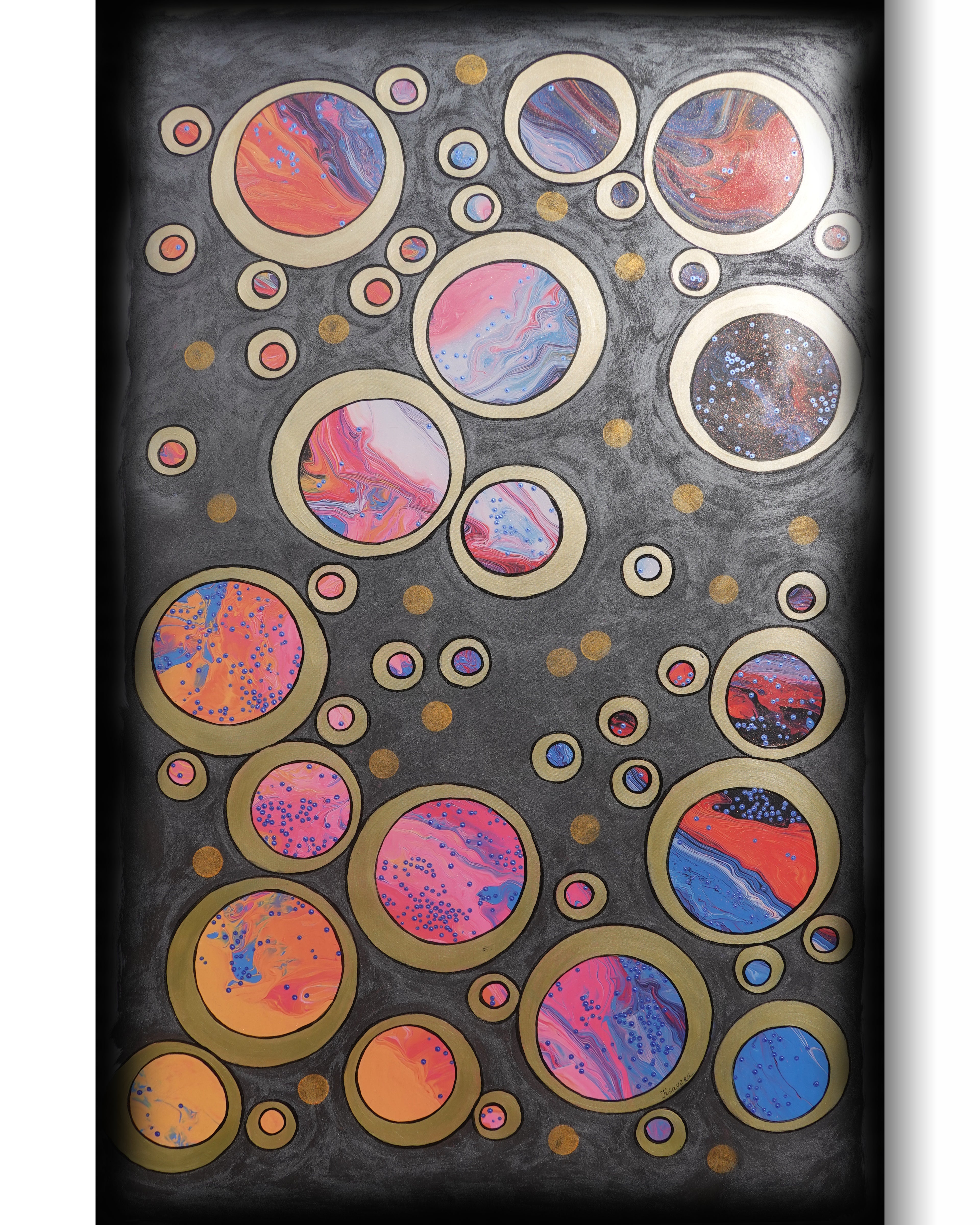 Abstract A1415 is a large-scale circles black and gold Original Acrylic Painting on unstretched canvas by artist Ksavera.