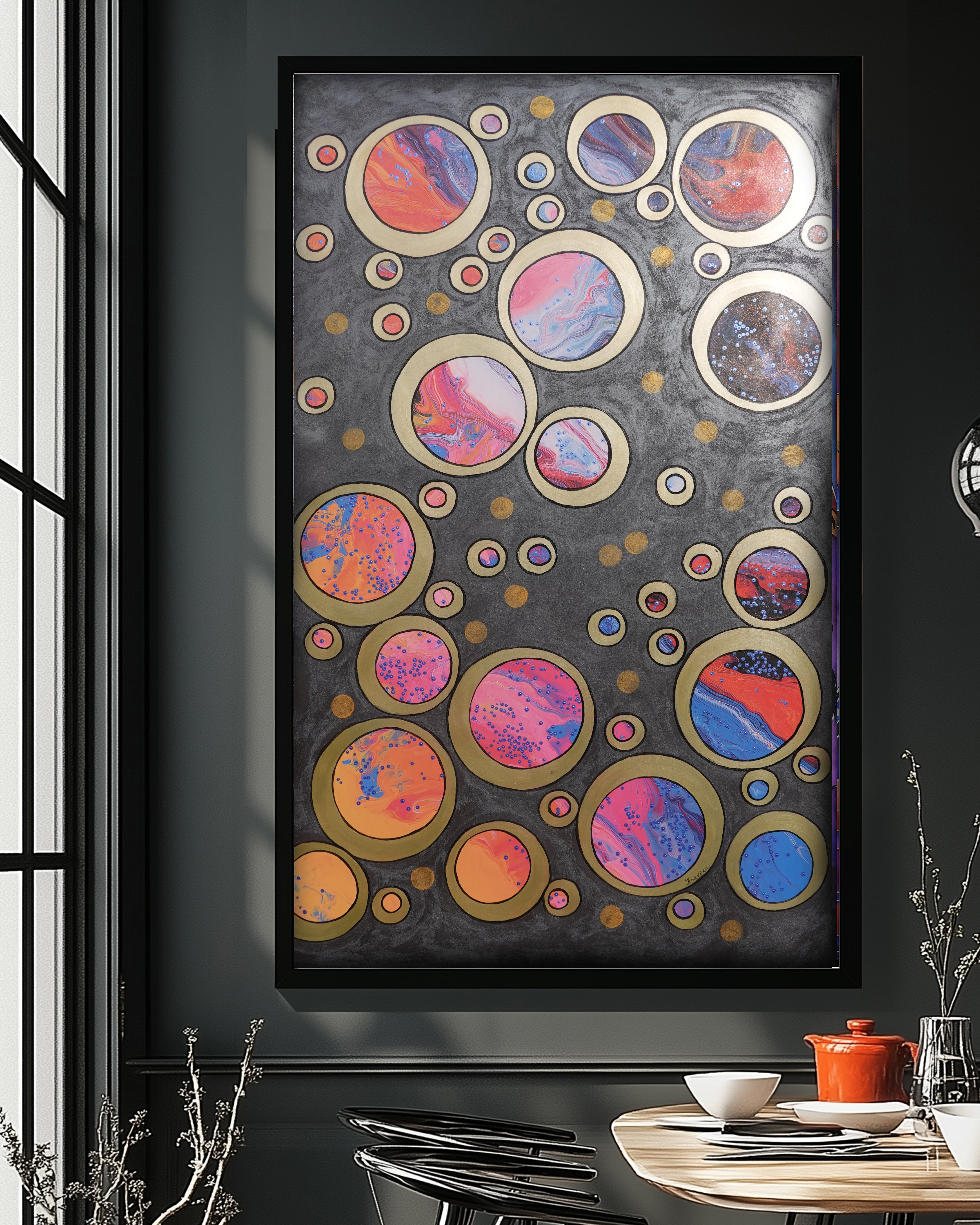 Abstract A1415 is a large-scale circles black and gold Original Acrylic Painting on unstretched canvas by artist Ksavera.