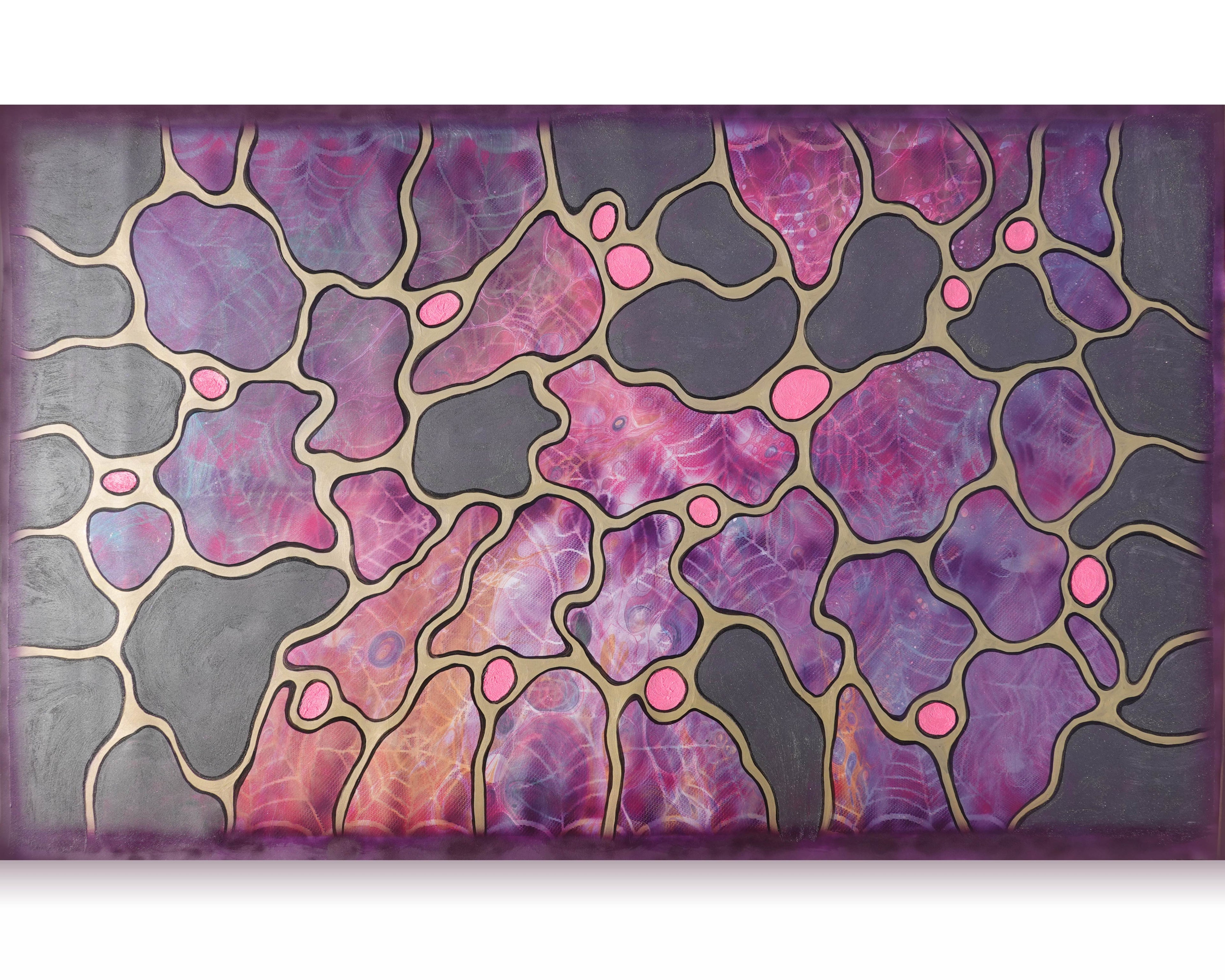 Abstract A1431 est une grande peinture acrylique originale organique aux tons nacrés violets, noirs et or, sur toile non tendue, réalisée par l'artiste Ksavera.