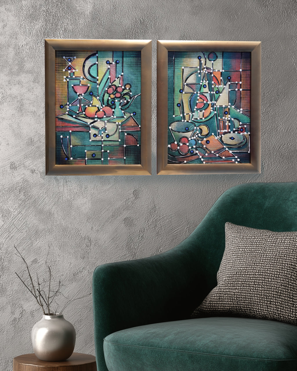 Cubism A1438 - Framed Abstract paintings - Diptych by Artist Ksavera