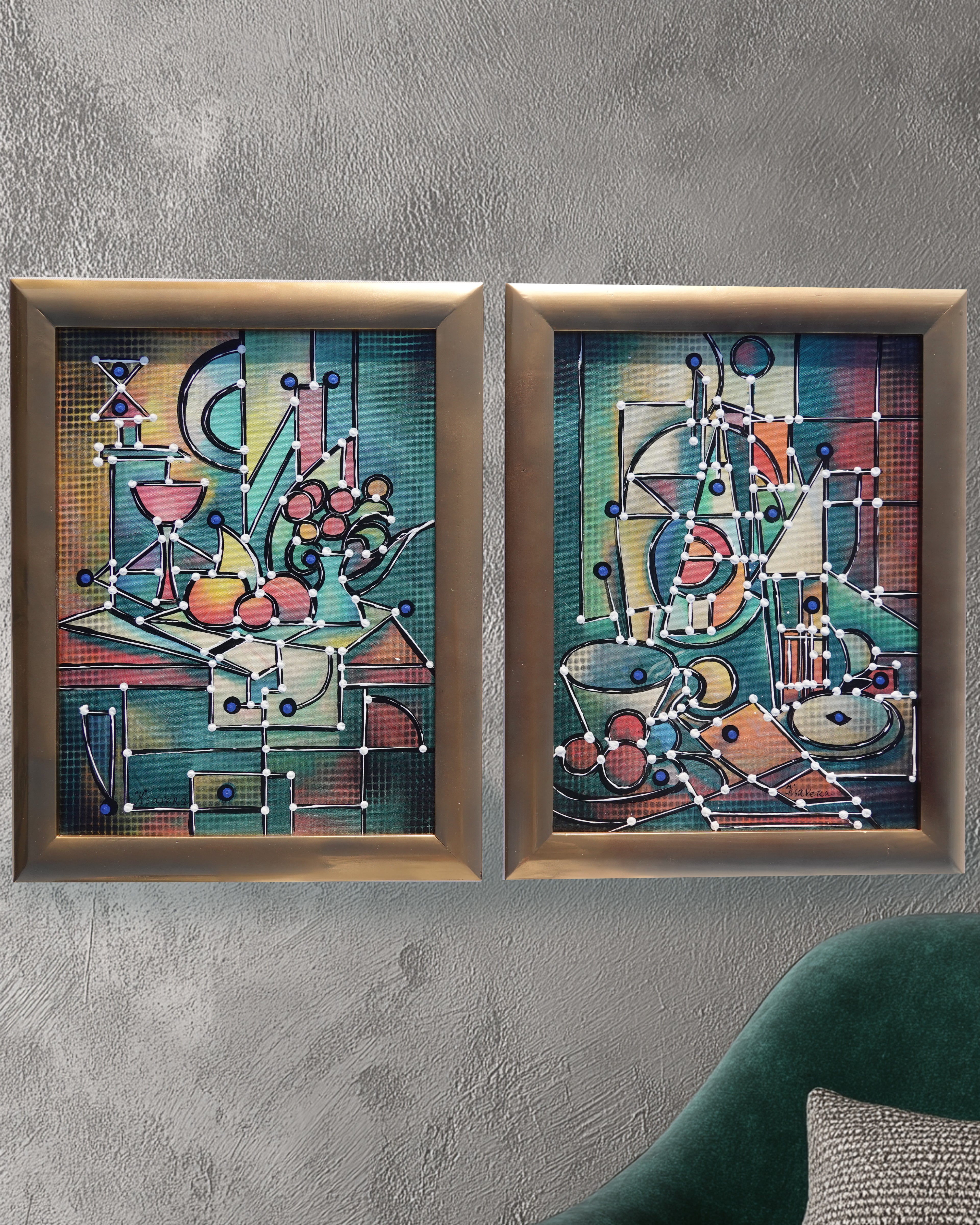 Cubism A1438 - Framed Abstract paintings - Diptych by Artist Ksavera
