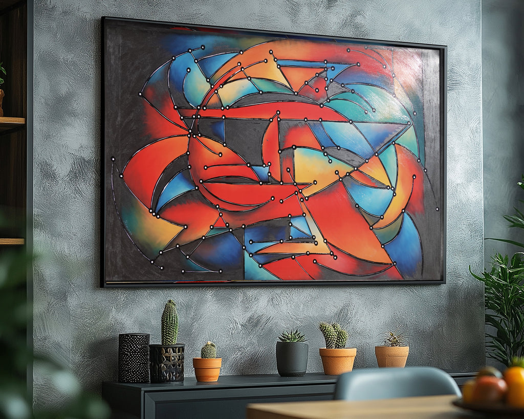 Abstrakt A1455 — Rot Schwarz Blau | Geometrisches kubistisches Gemälde | Großes Acrylbild auf Leinwand | Ksavera