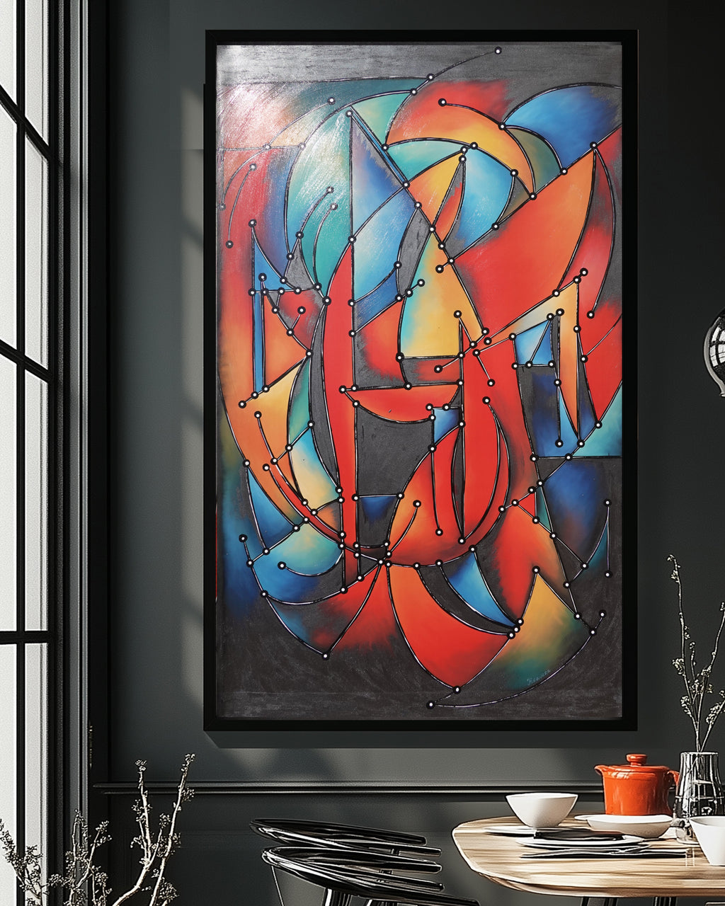 Abstrakt A1455 — Rot Schwarz Blau | Geometrisches kubistisches Gemälde | Großes Acrylbild auf Leinwand | Ksavera