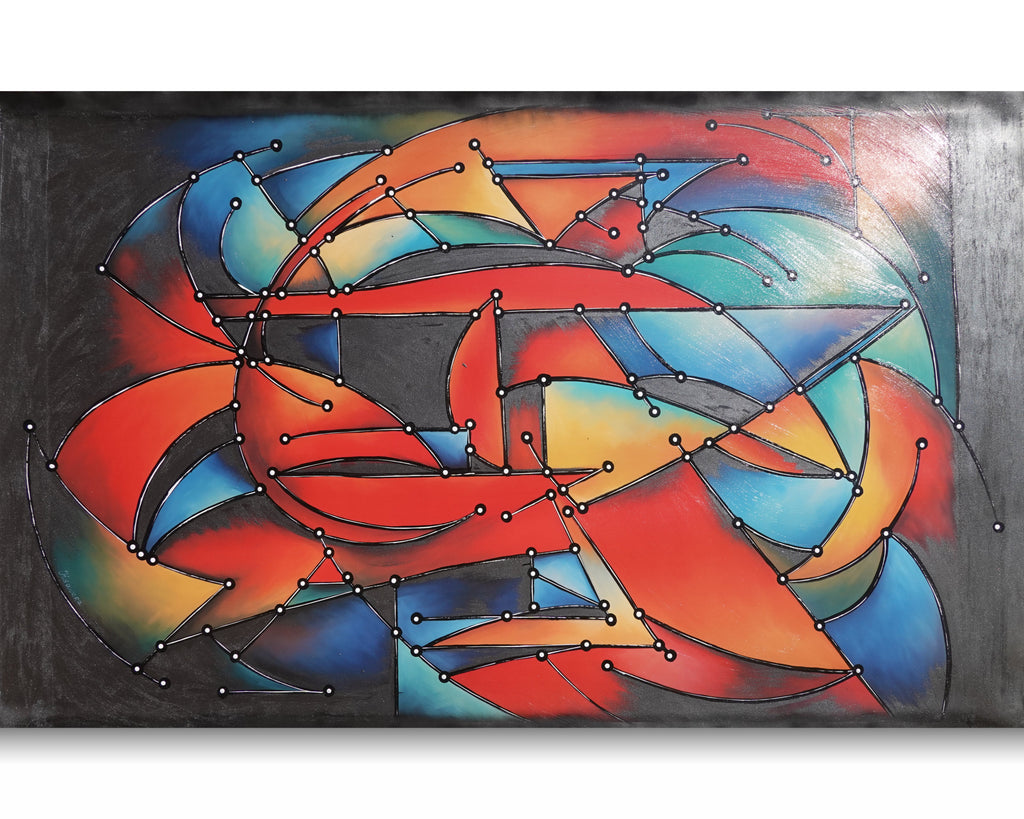 Abstrakt A1455 — Rot Schwarz Blau | Geometrisches kubistisches Gemälde | Großes Acrylbild auf Leinwand | Ksavera